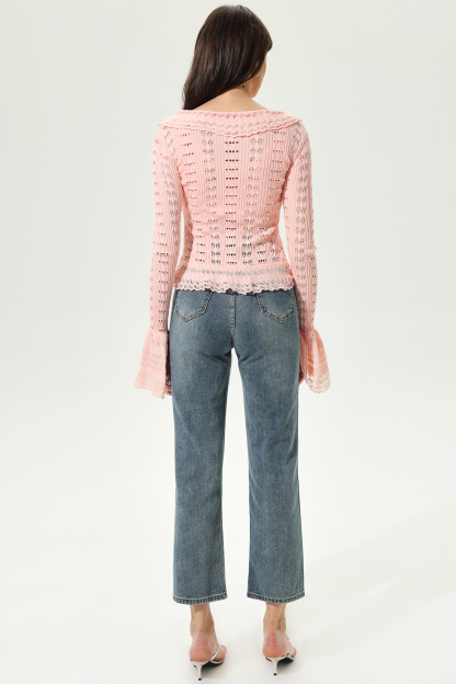 Flared Sleeve V-Neck Frill Hem Knit Cardigan Pink