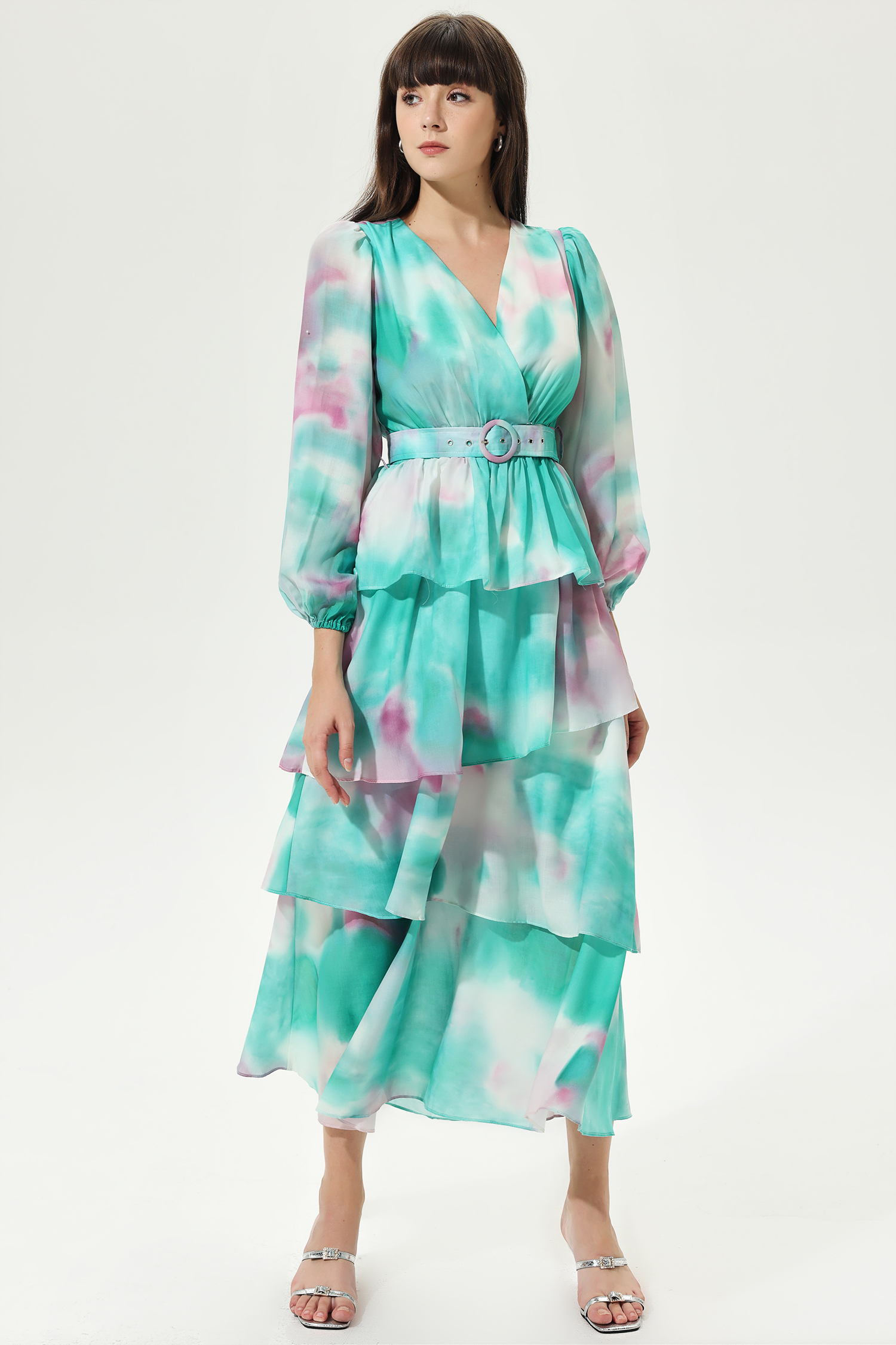 Tie-dye Lantern Sleeve V-Neck Layered Hem Midi Dress