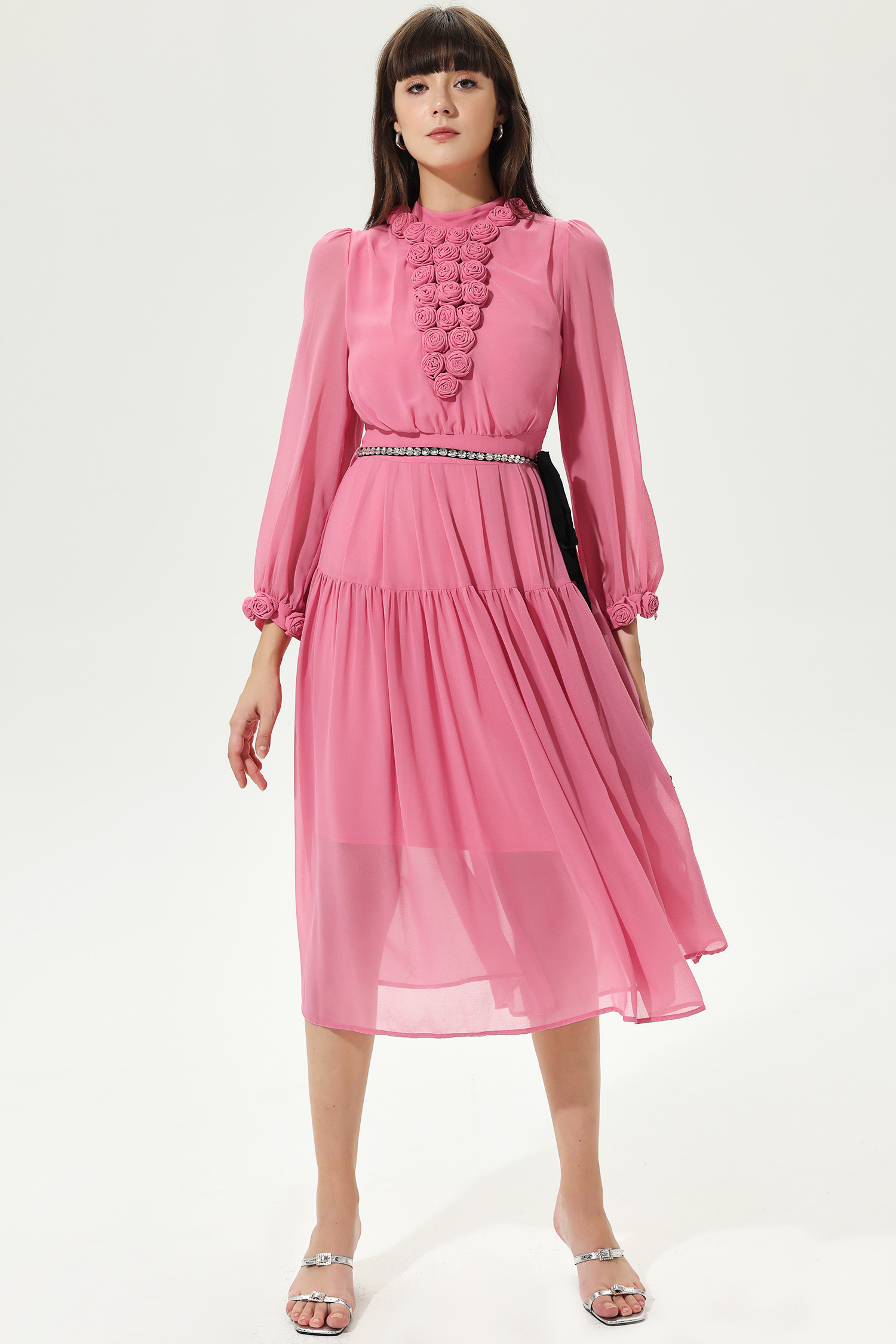 3D Flower Lantern Sleeve Crew Collar Midi Dress Pink