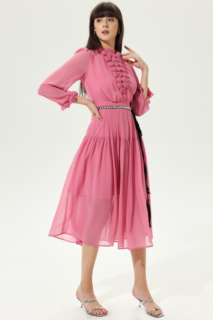 3D Flower Lantern Sleeve Crew Collar Midi Dress Pink