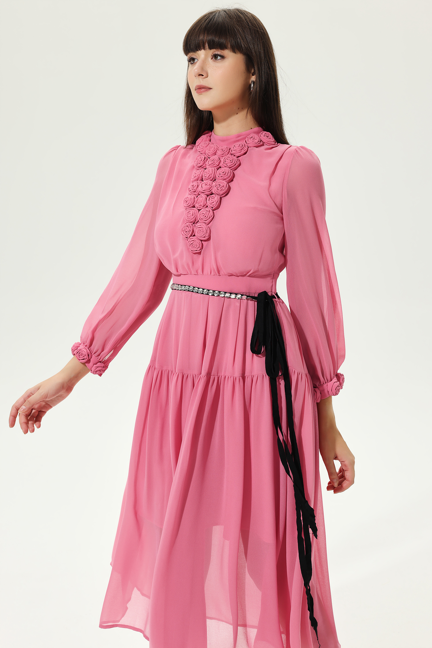 3D Flower Lantern Sleeve Crew Collar Midi Dress Pink