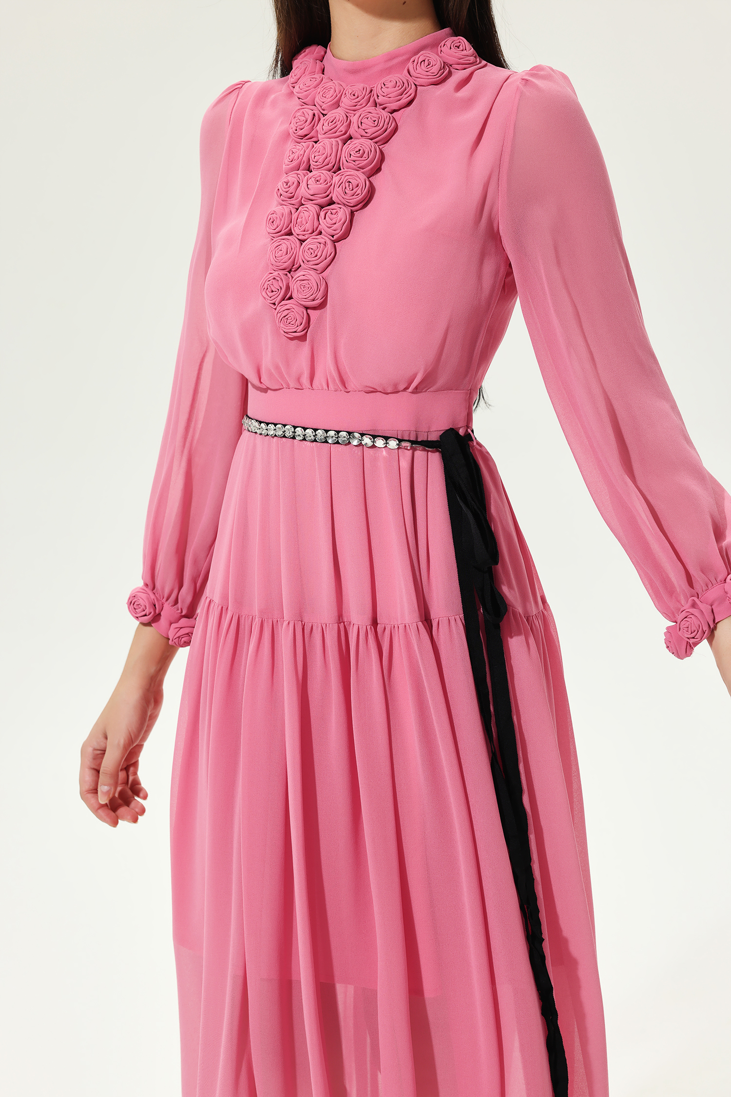 3D Flower Lantern Sleeve Crew Collar Midi Dress Pink