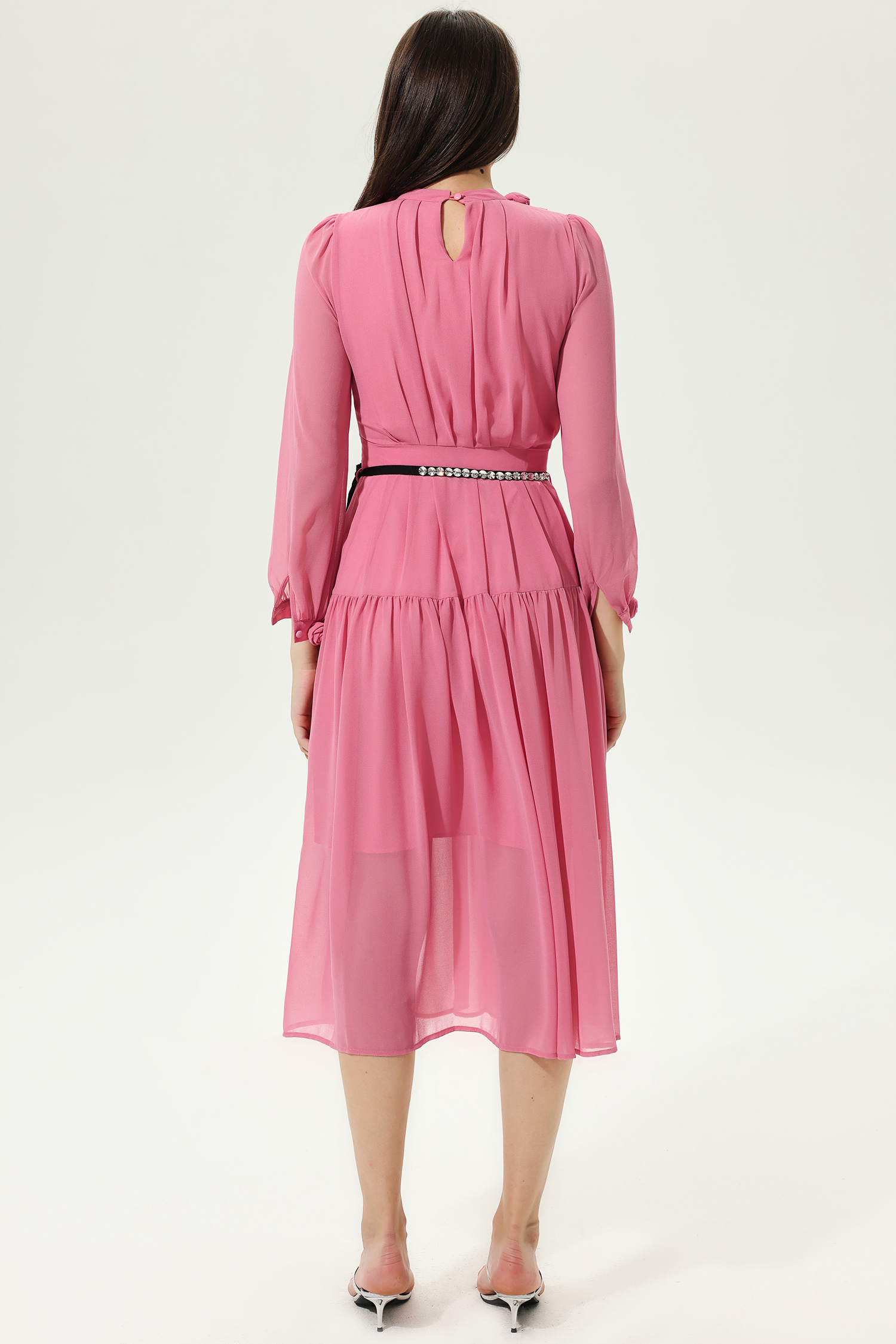 3D Flower Lantern Sleeve Crew Collar Midi Dress Pink