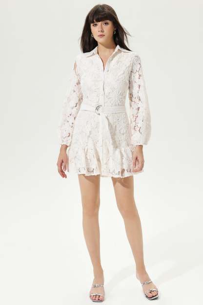 White Long Sleeve Lace Buttoned Mini Dress