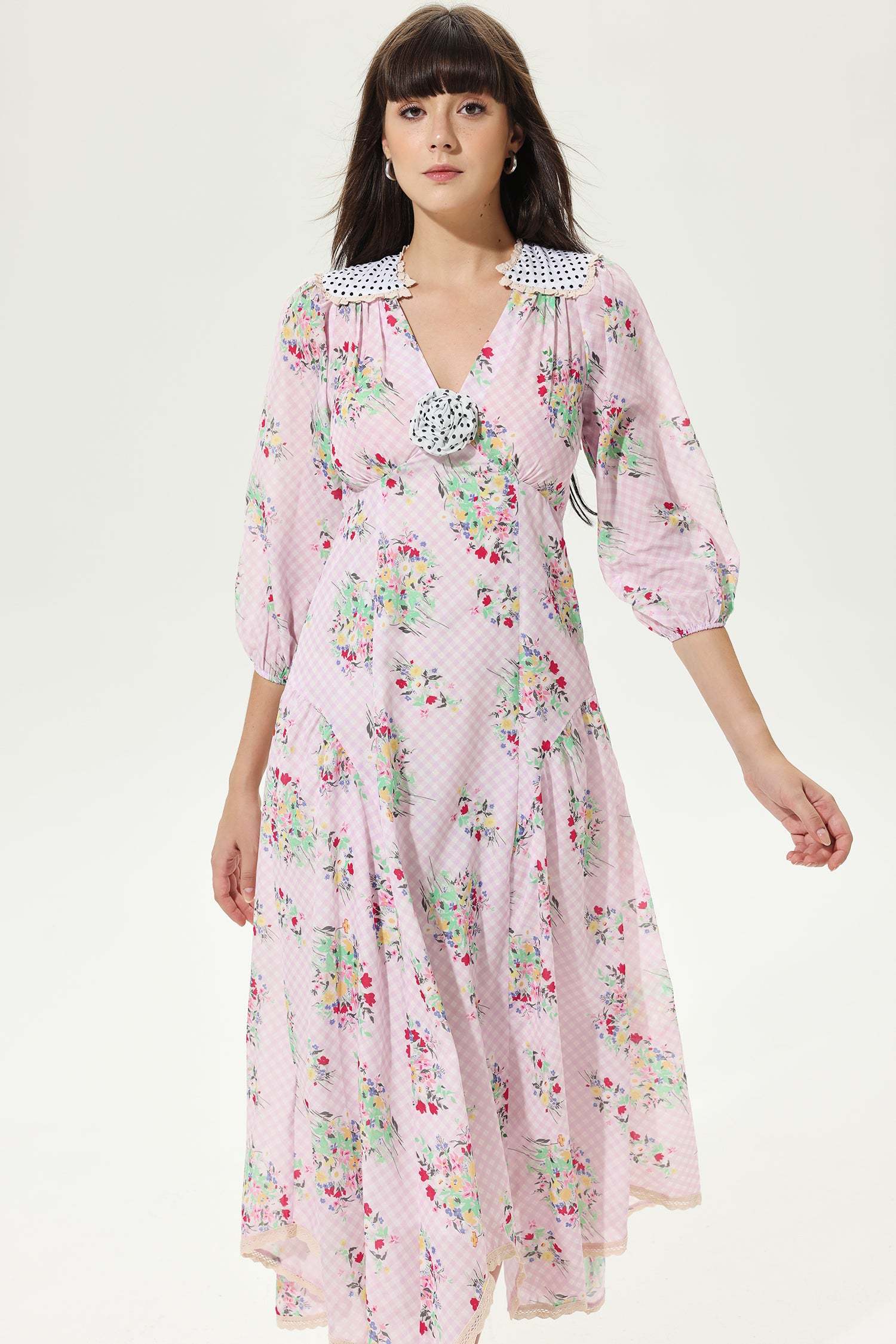 Floral Lantern Sleeve V-Neck Belted Lattice Flower Midi Dress
