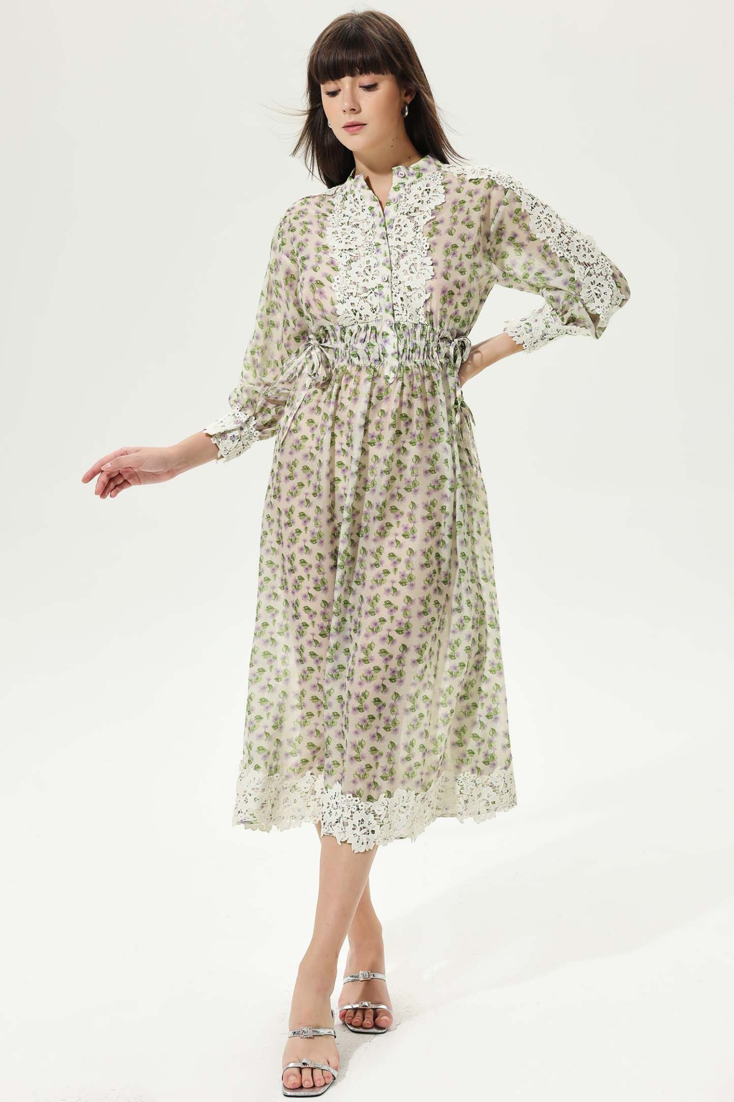 Floral Lantern Sleeve Crew Collar Tiered Ruched Elastic Broderie Anglaise Midi Dress