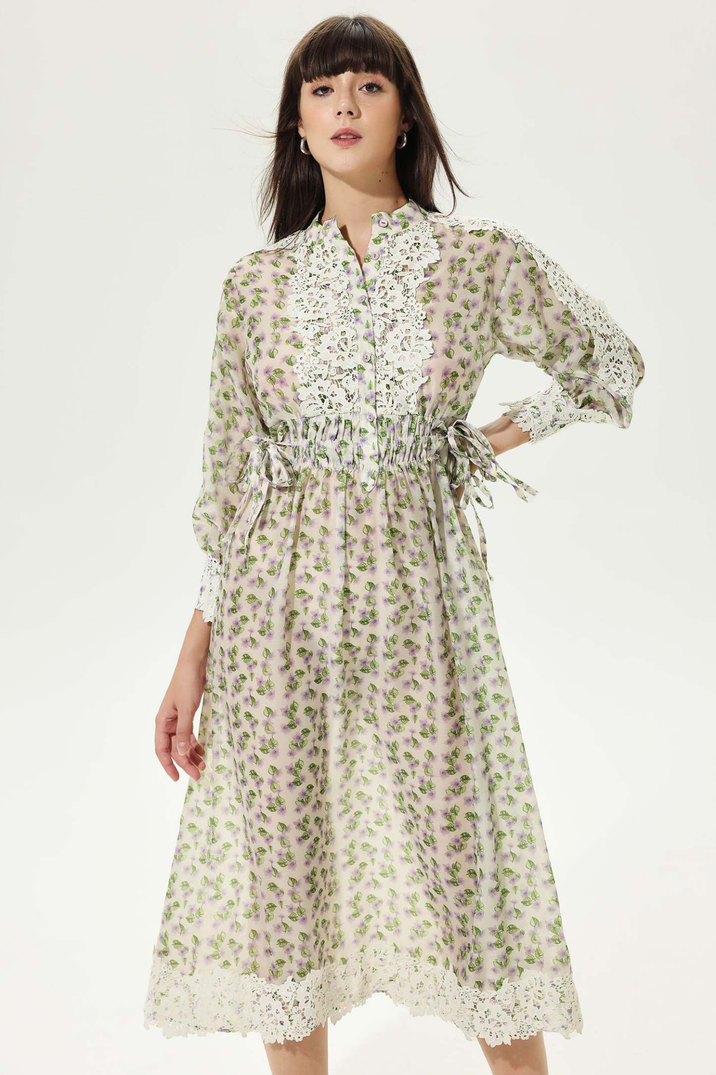 Floral Lantern Sleeve Crew Collar Tiered Ruched Elastic Broderie Anglaise Midi Dress