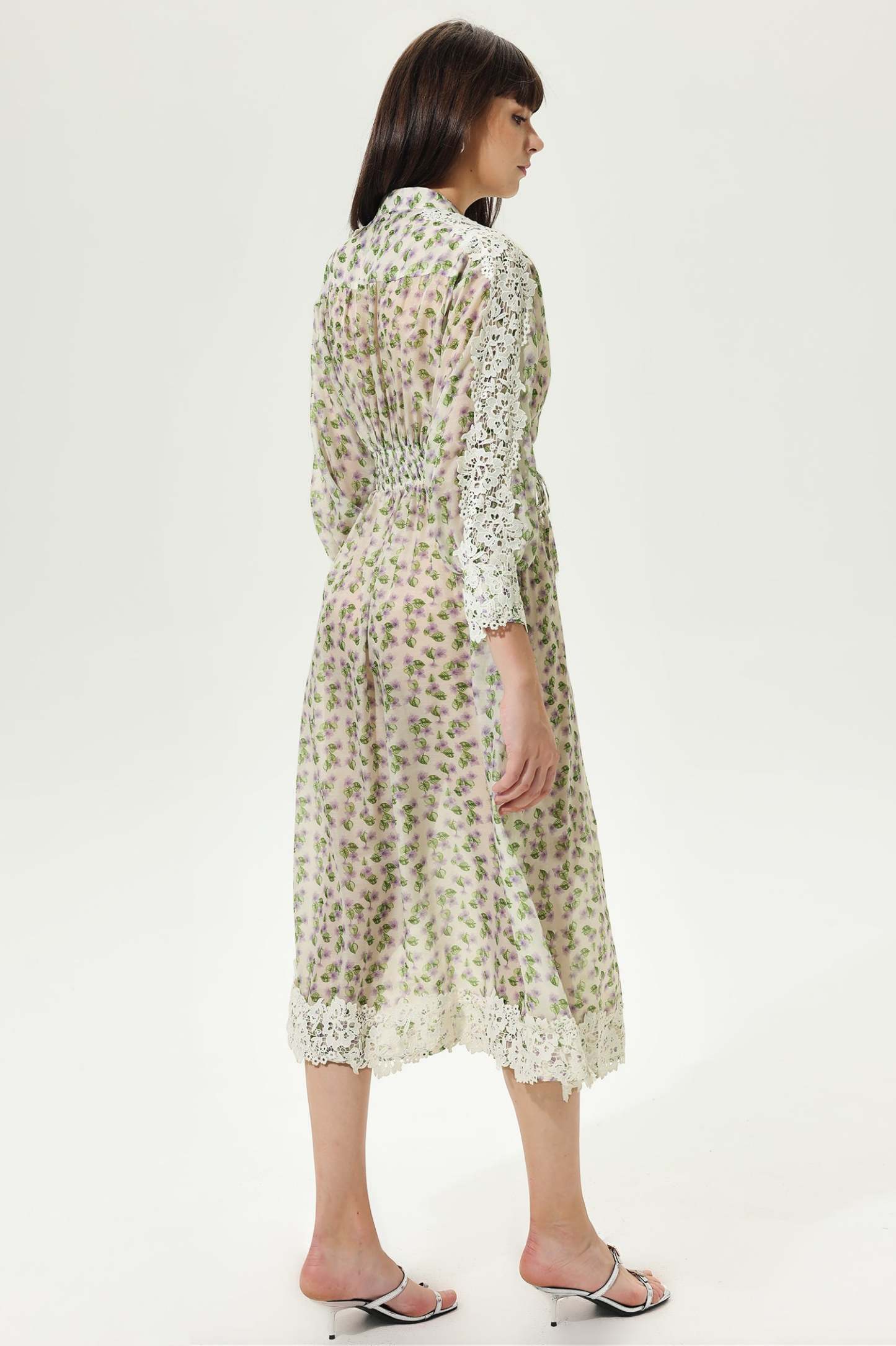 Floral Lantern Sleeve Crew Collar Tiered Ruched Elastic Broderie Anglaise Midi Dress