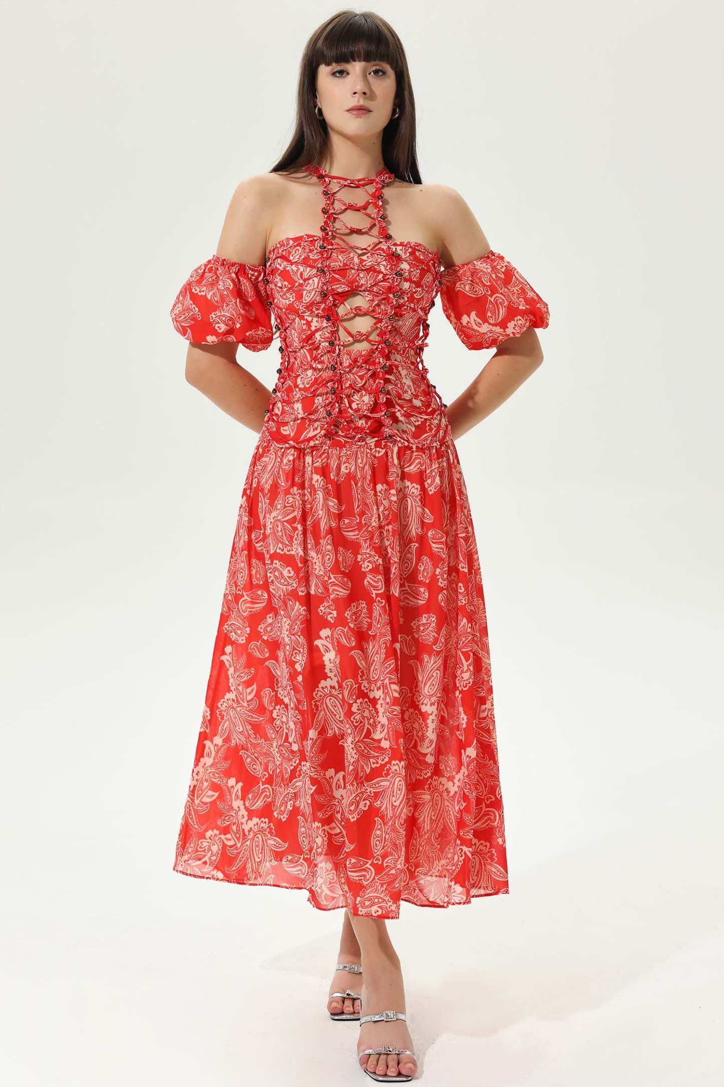 Floral Lantern Sleeve Halter Neck Tapered Waist Hollow Out Maxi Dress