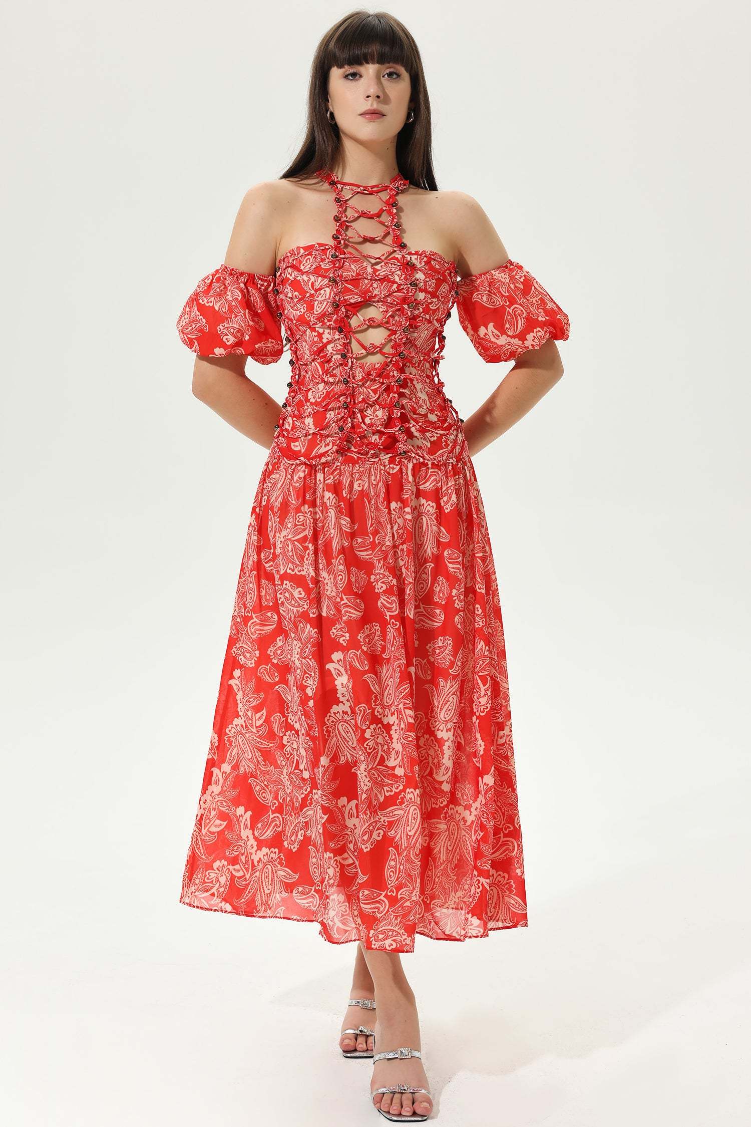 Floral Lantern Sleeve Halter Neck Tapered Waist Hollow Out Maxi Dress