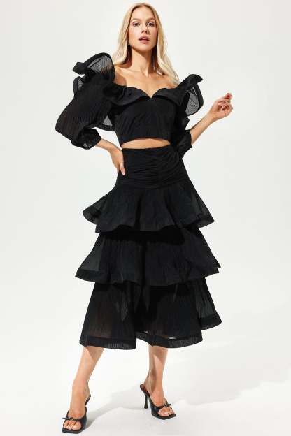 Lantern Sleeve V-Neck Ruffle Hem Midi Dress Two-piece Set Black