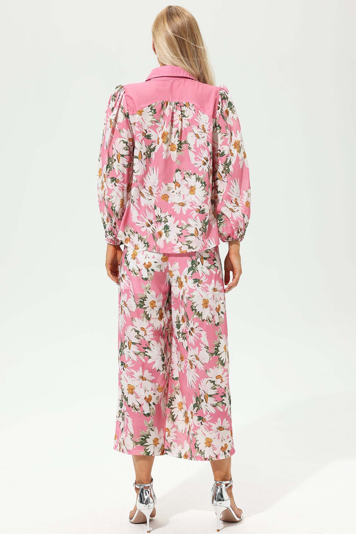 Floral Puff Sleeve Lapel Wide Leg Pants Suit