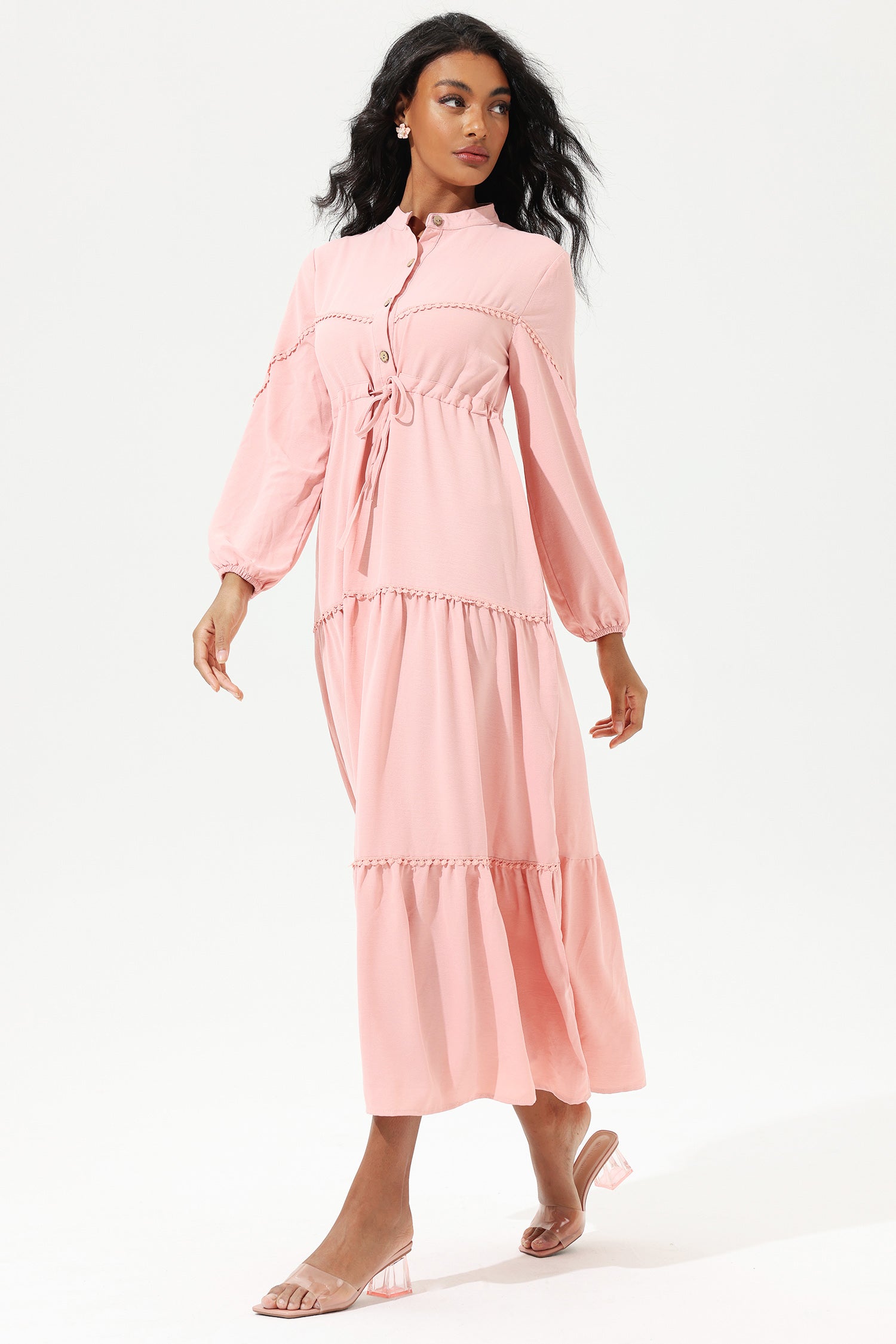 Long Sleeve Lace Up Midi Dress Pink