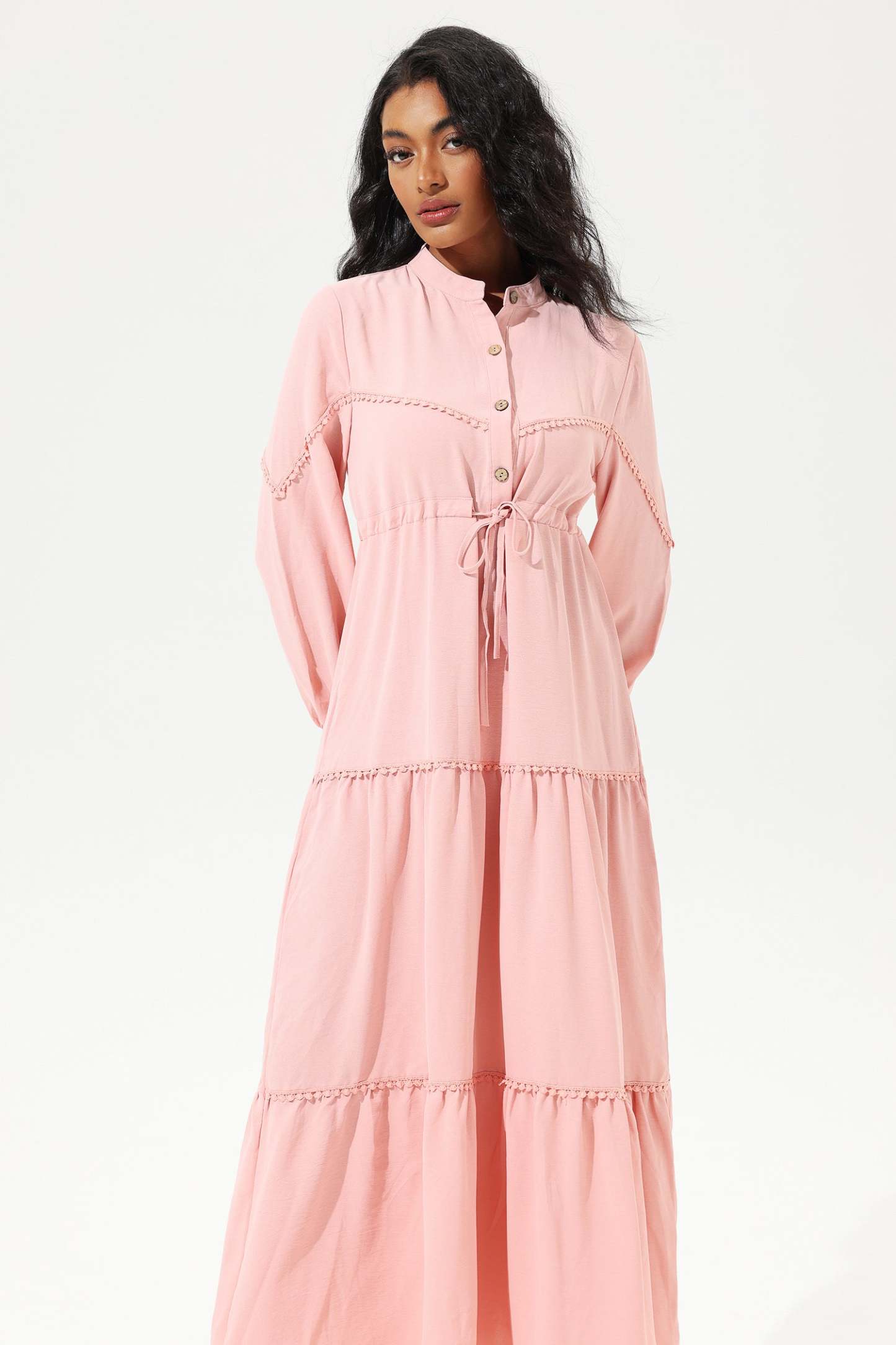 Long Sleeve Lace Up Midi Dress Pink