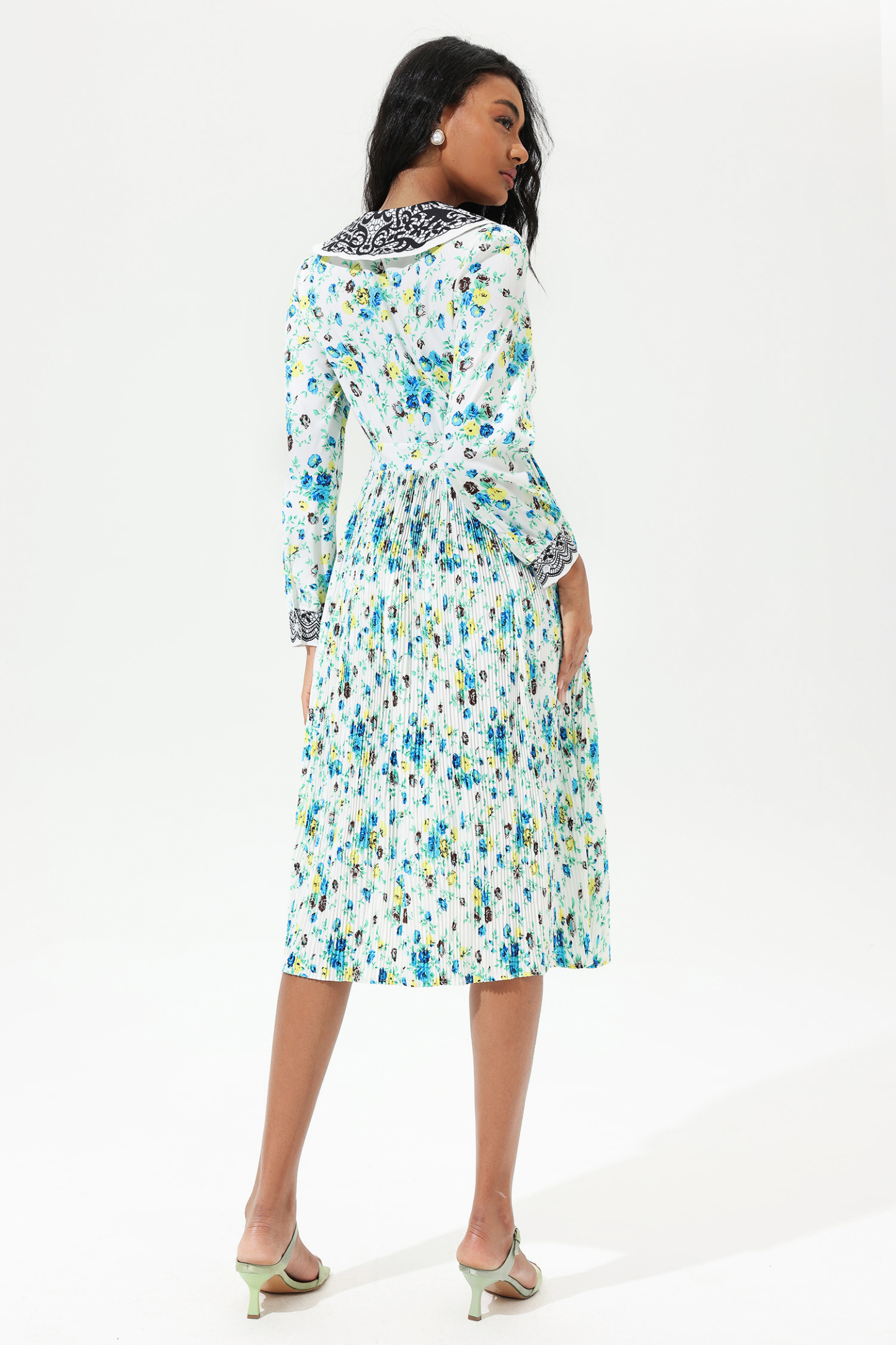 Printed Lantern Sleeve Doll Collar Lace Midi Dress