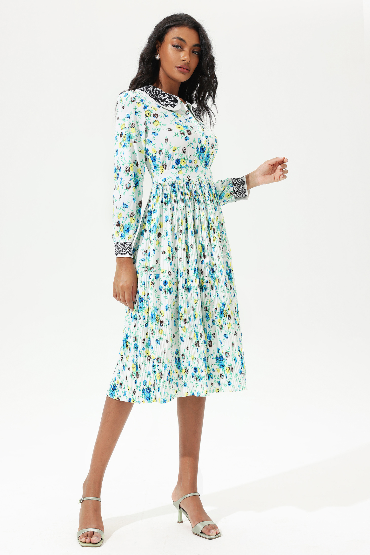 Printed Lantern Sleeve Doll Collar Lace Midi Dress