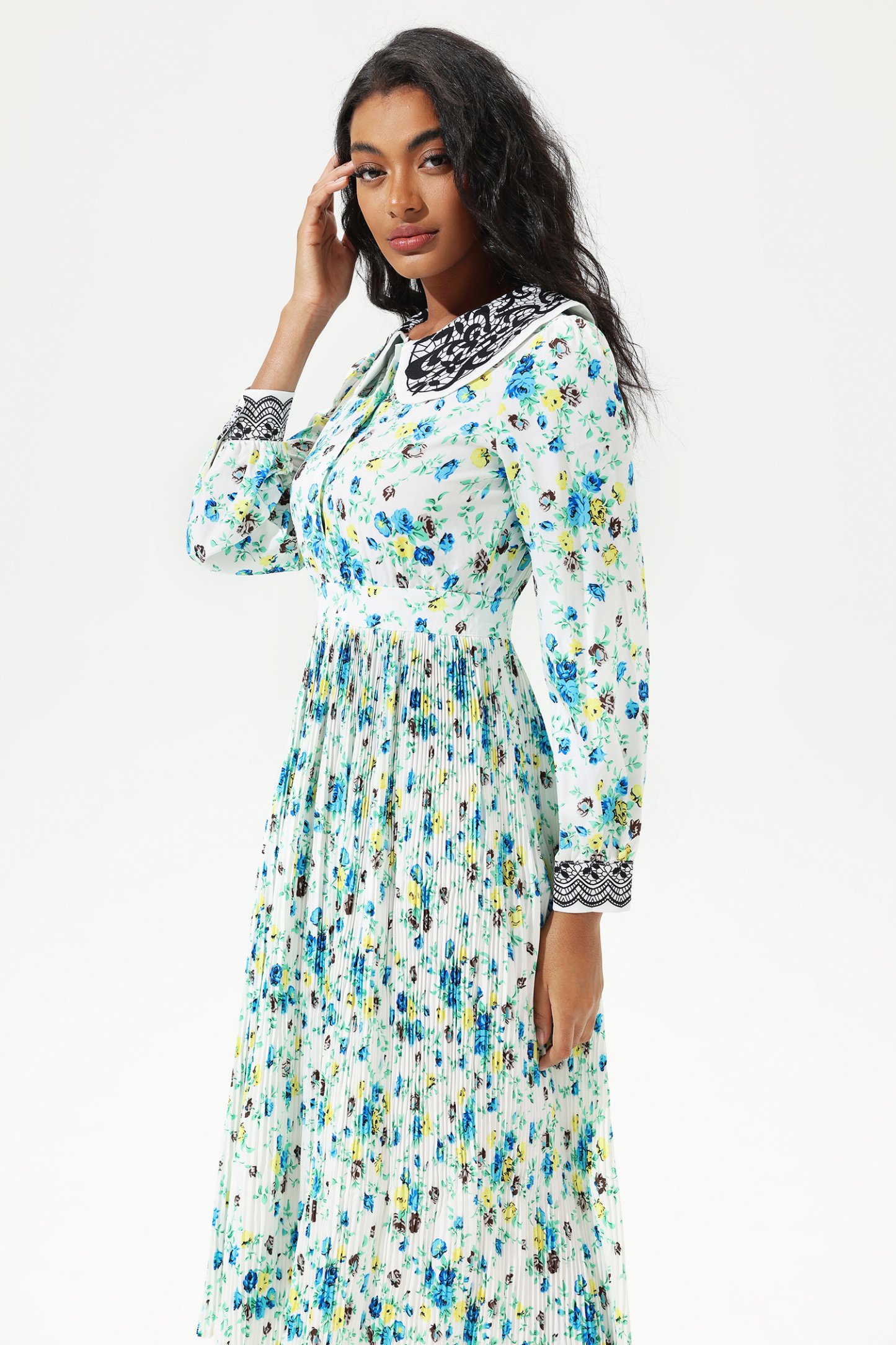 Printed Lantern Sleeve Doll Collar Lace Midi Dress
