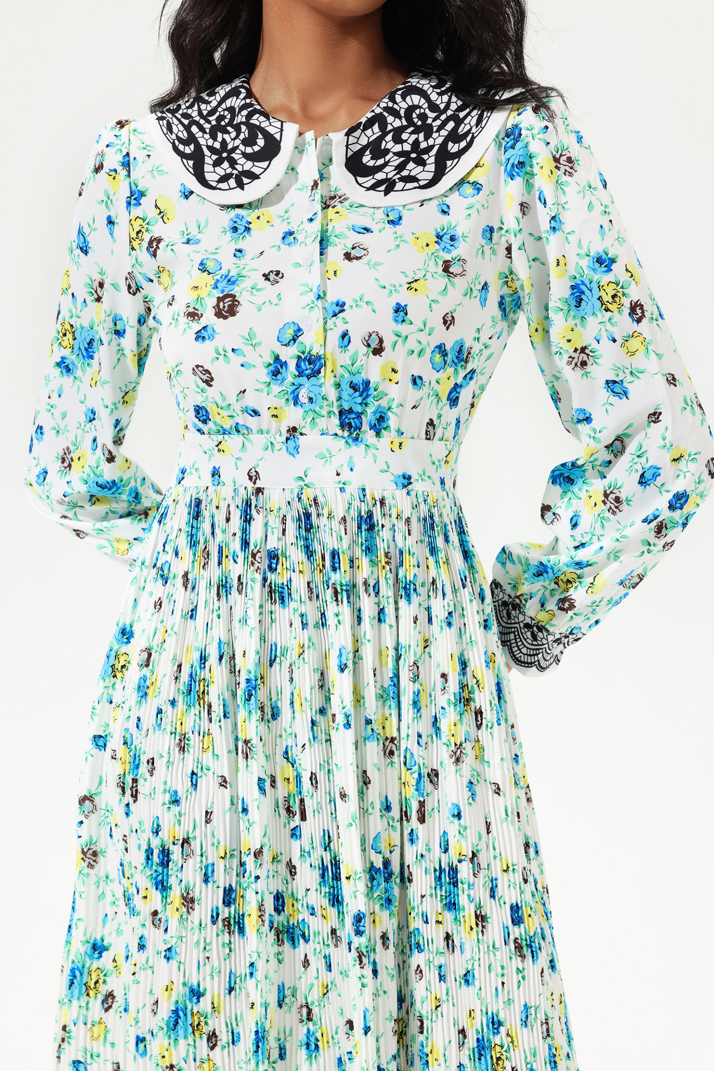 Printed Lantern Sleeve Doll Collar Lace Midi Dress