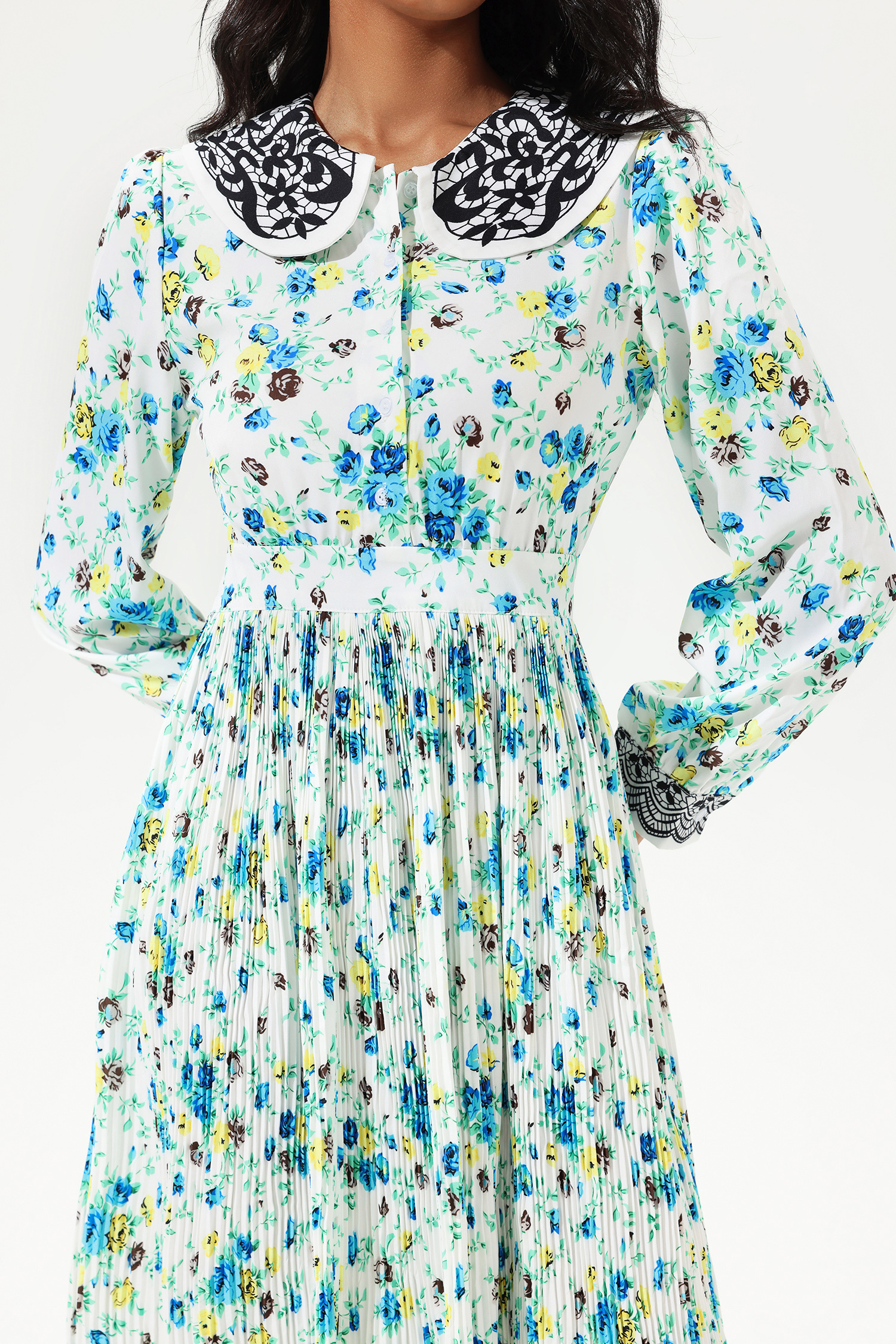 Printed Lantern Sleeve Doll Collar Lace Midi Dress