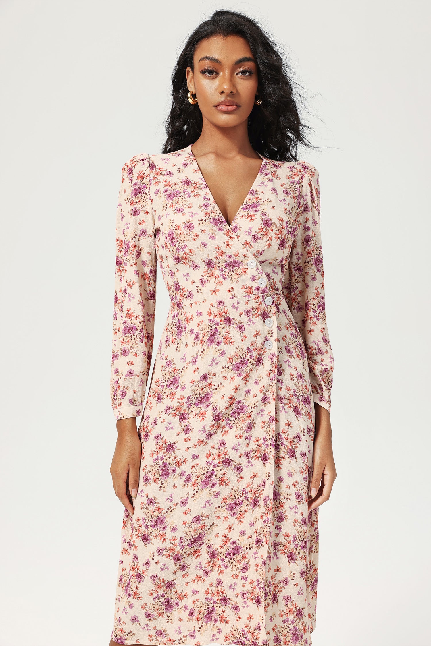 Floral Long Sleeve V-Neck Buttoned Lace Up Slit Midi Dress Purple