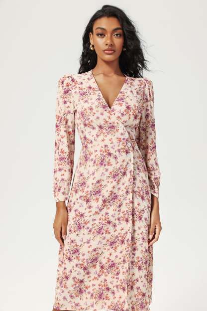 Floral Long Sleeve V-Neck Buttoned Lace Up Slit Midi Dress Purple