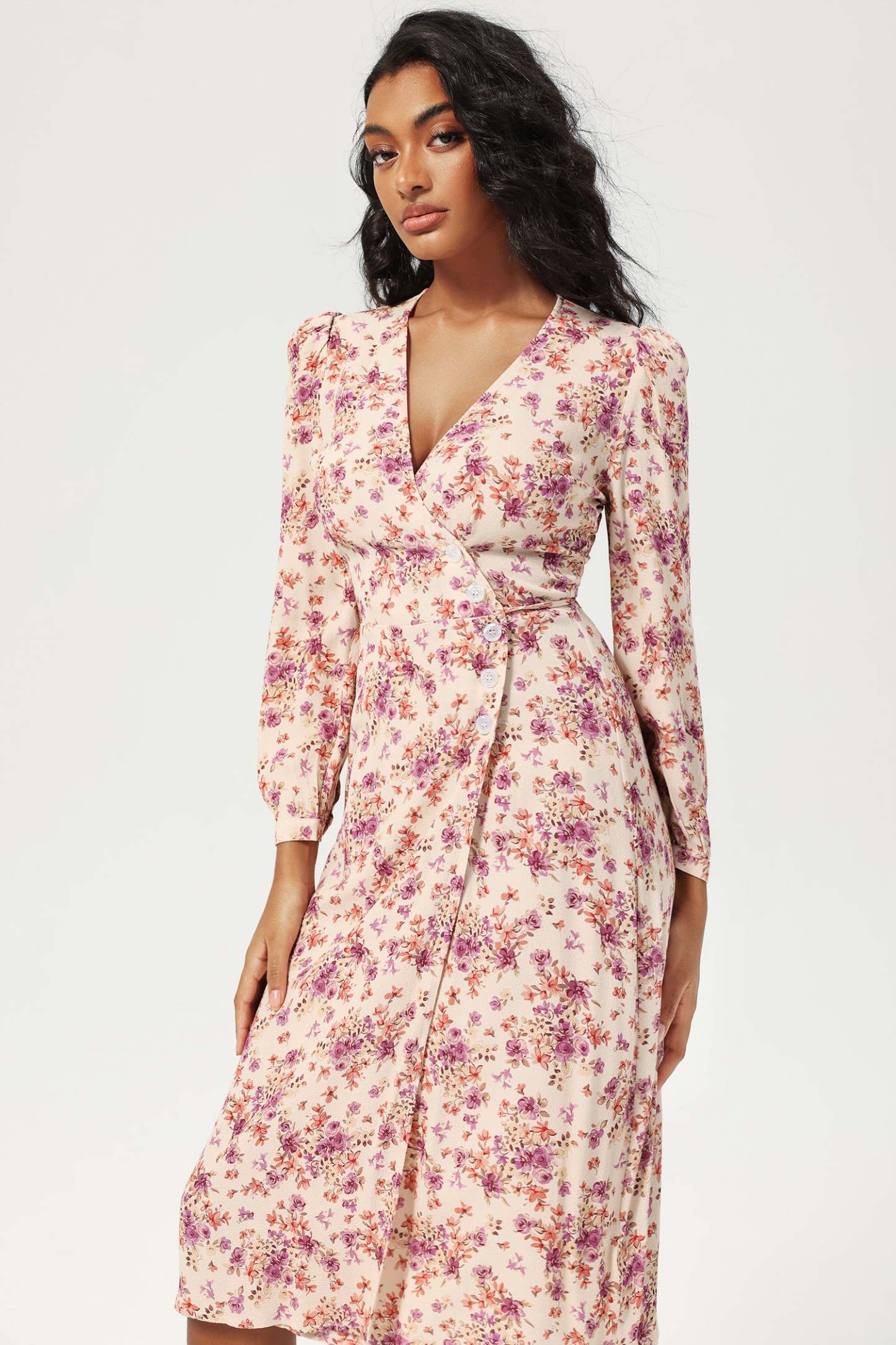 Floral Long Sleeve V-Neck Buttoned Lace Up Slit Midi Dress Purple