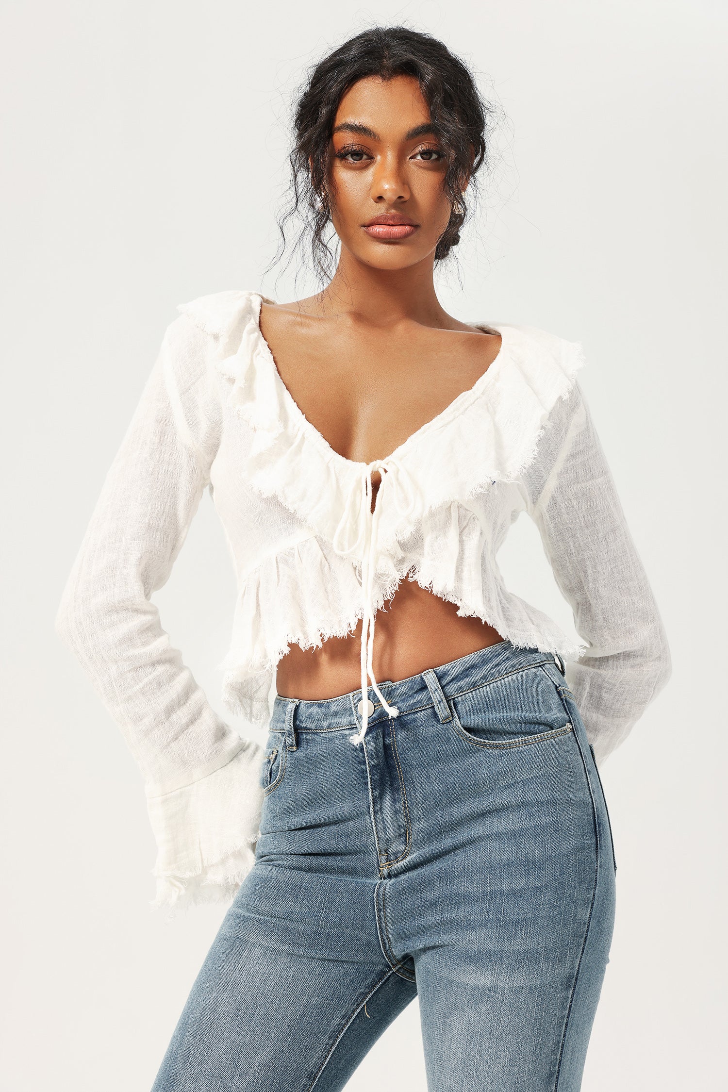 Flared Sleeve Bow Tie Layered Embellished Top