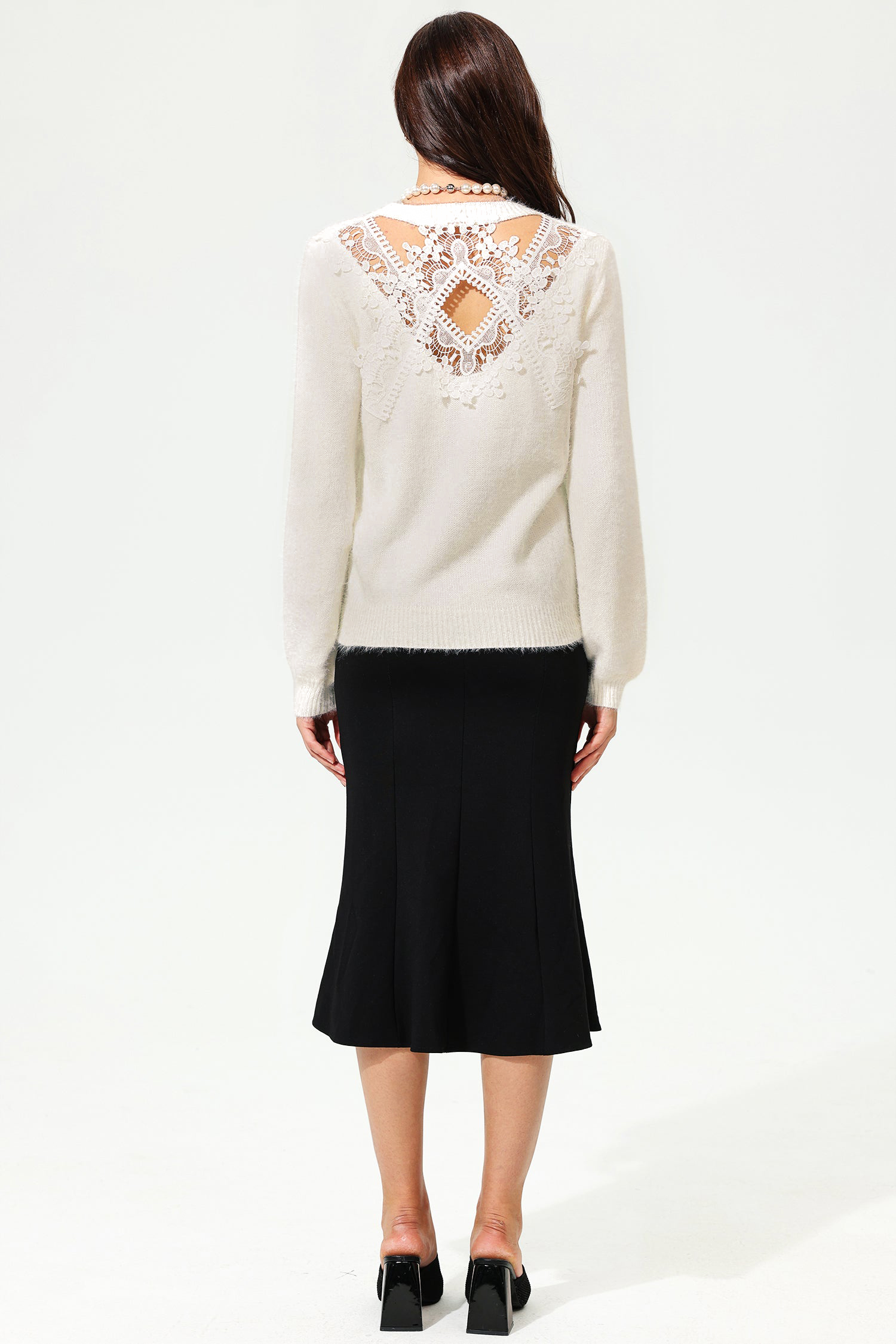 Long Sleeve Crew Collar Cut-Out Lace Sweater