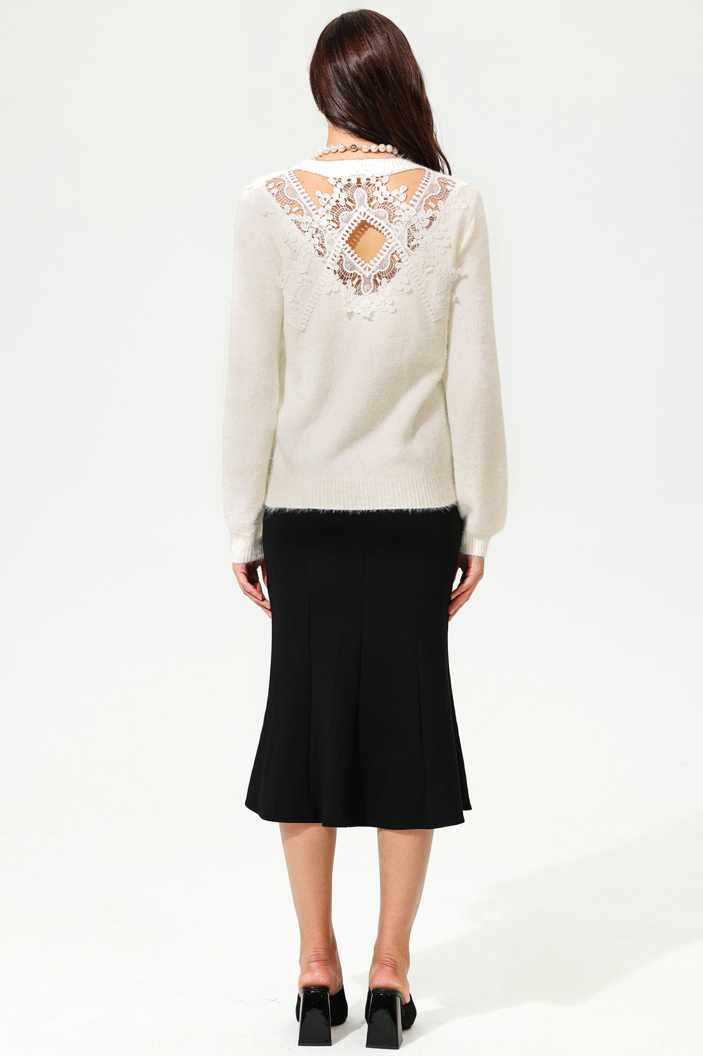Long Sleeve Crew Collar Cut-Out Lace Sweater