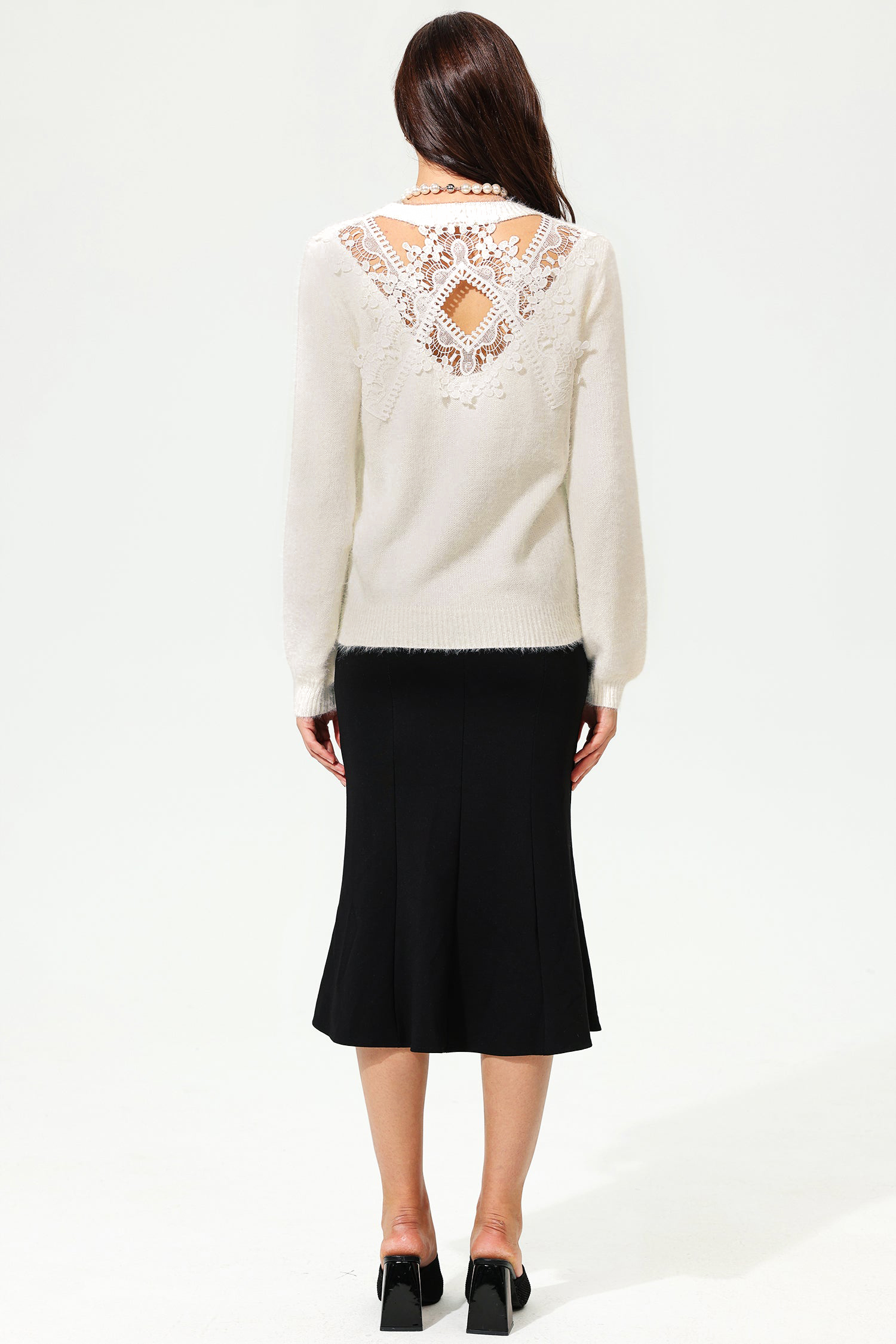 Long Sleeve Crew Collar Cut-Out Lace Sweater
