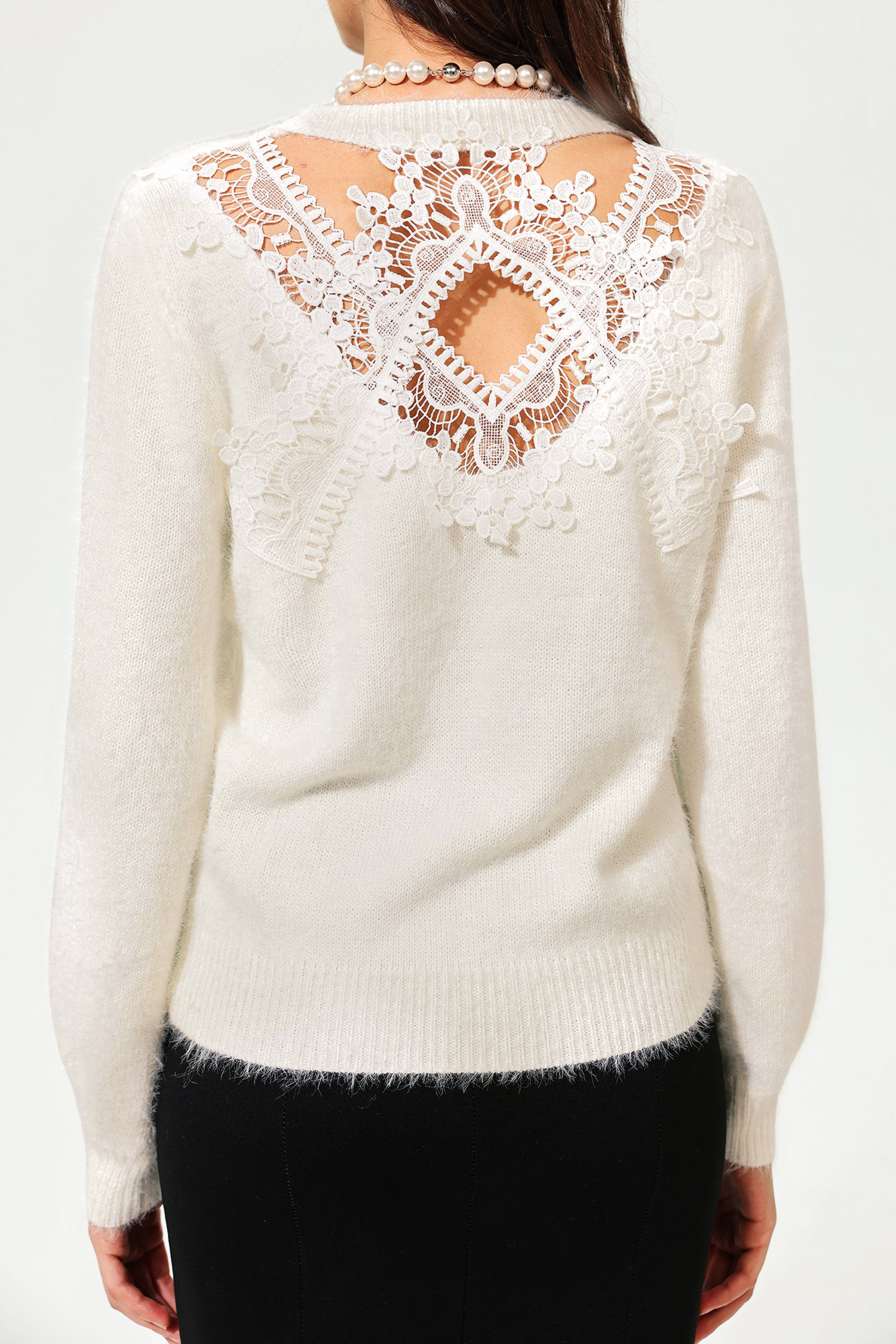 Long Sleeve Crew Collar Cut-Out Lace Sweater