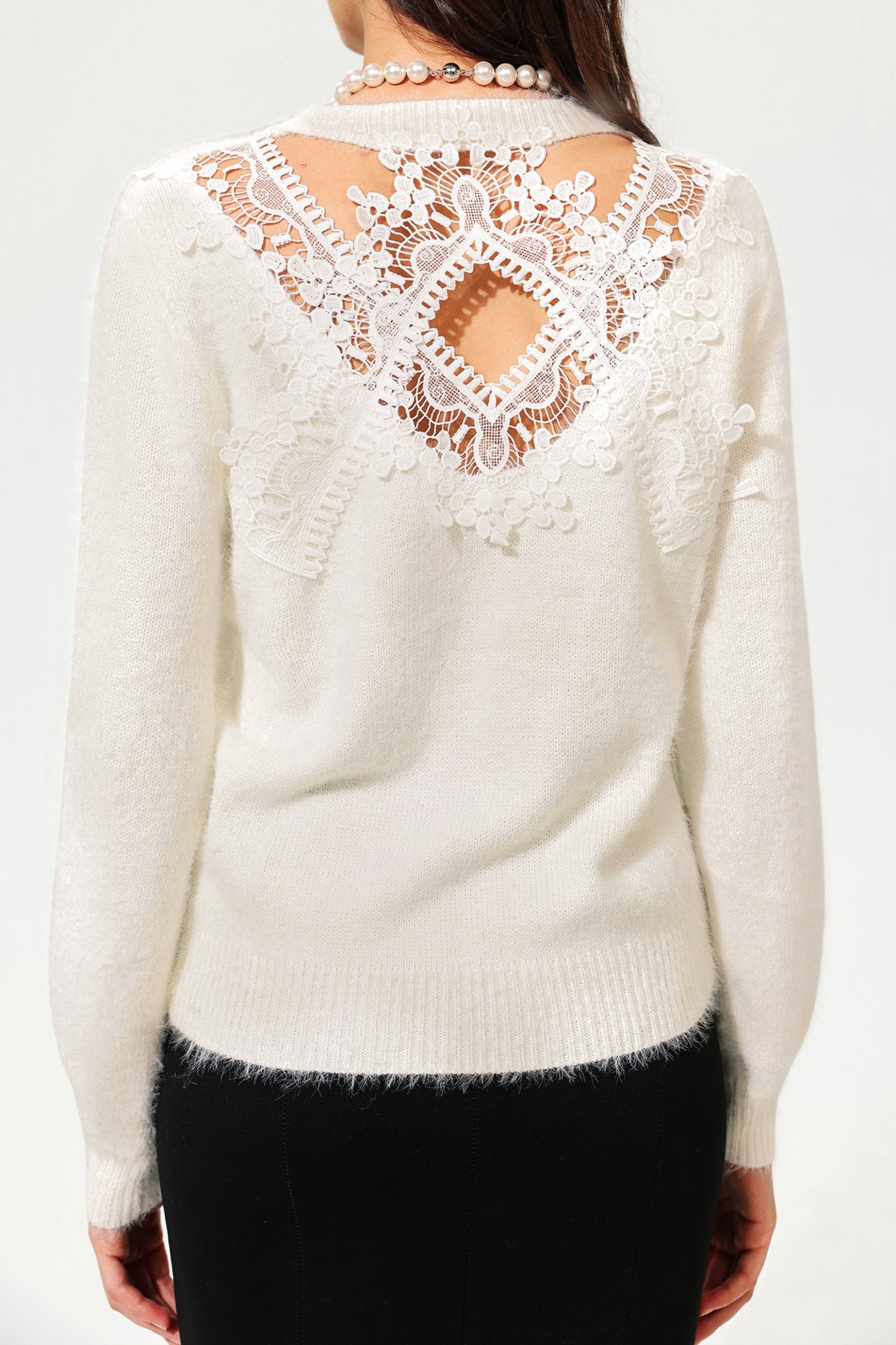 Long Sleeve Crew Collar Cut-Out Lace Sweater