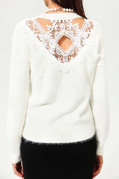 Long Sleeve Crew Collar Cut-Out Lace Sweater White