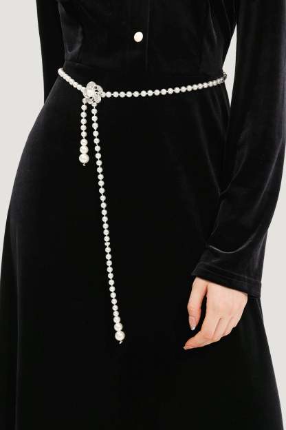 Floral Metal Pearl Waist Chain Silver