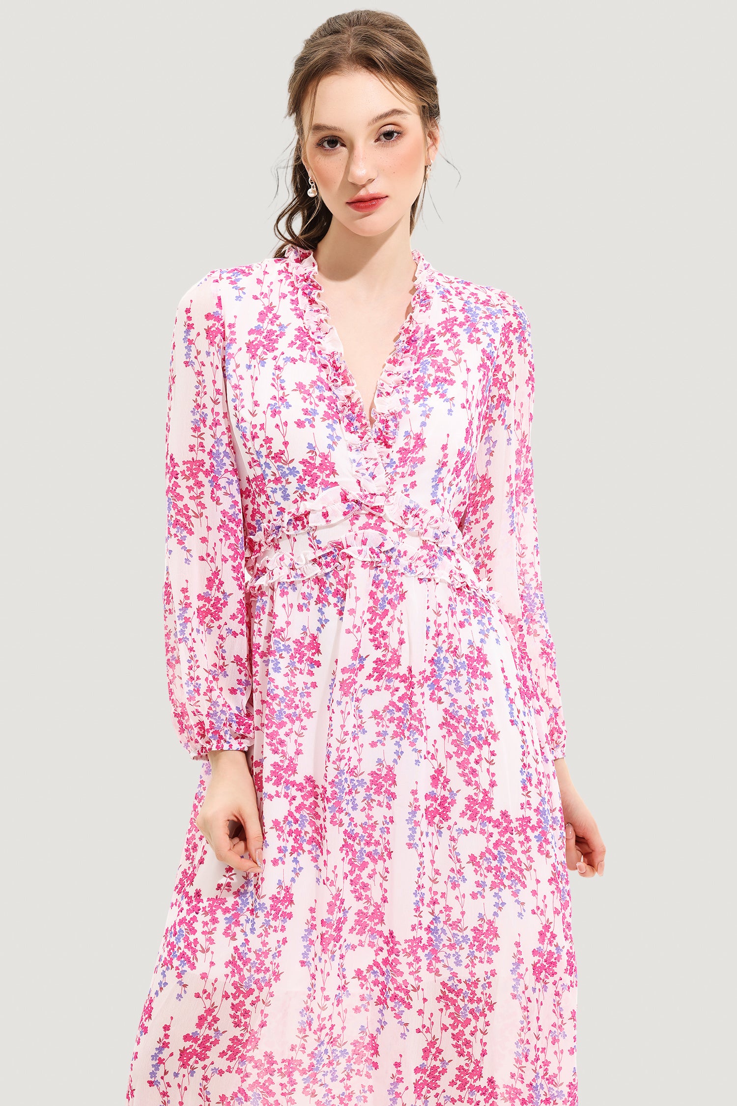 Floral V-Neck Long Sleeve Midi Dress Pink