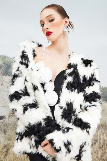 Faux Shearling Cow Print Coat