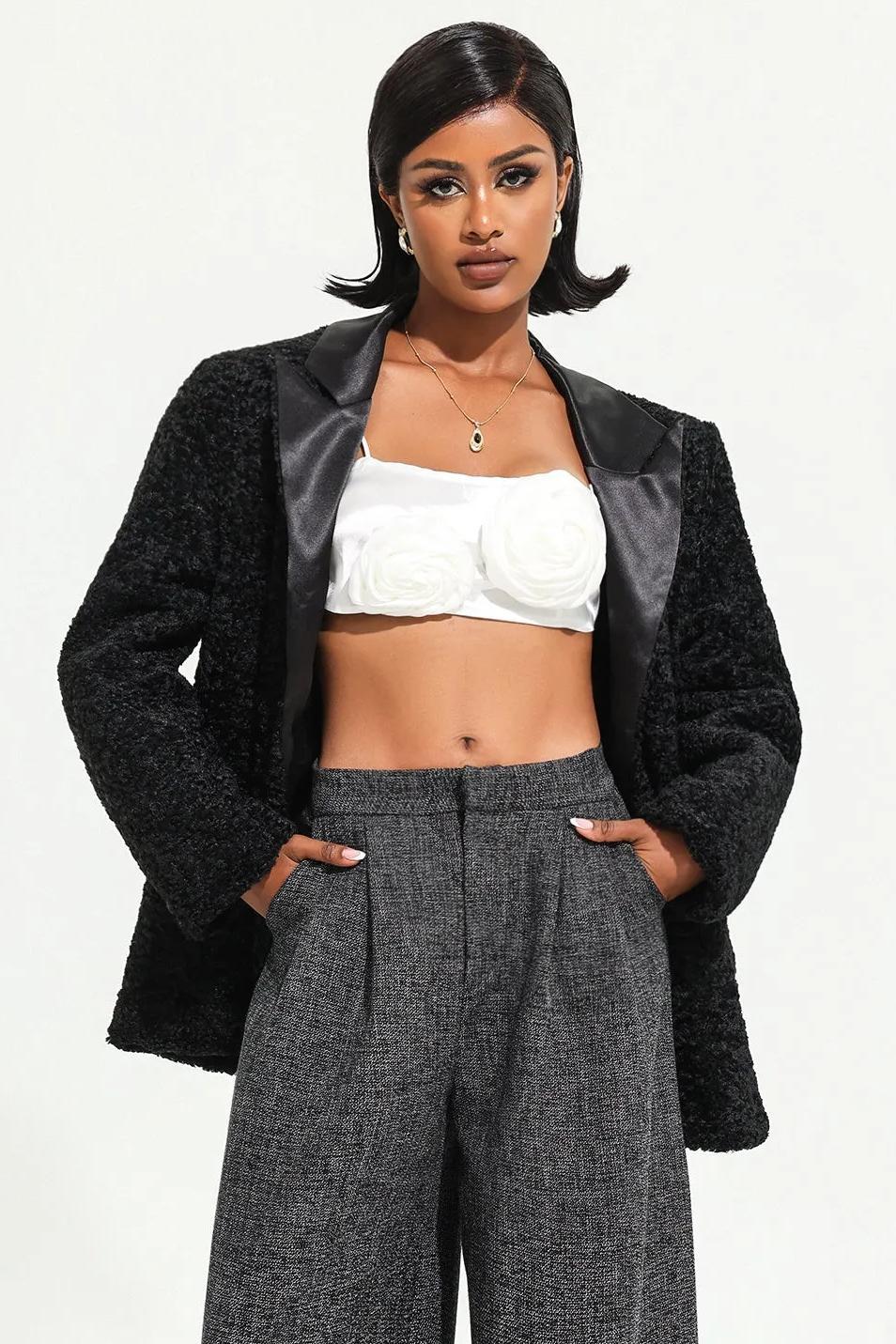 Velvet Long Sleeve Black Maxi Blazer