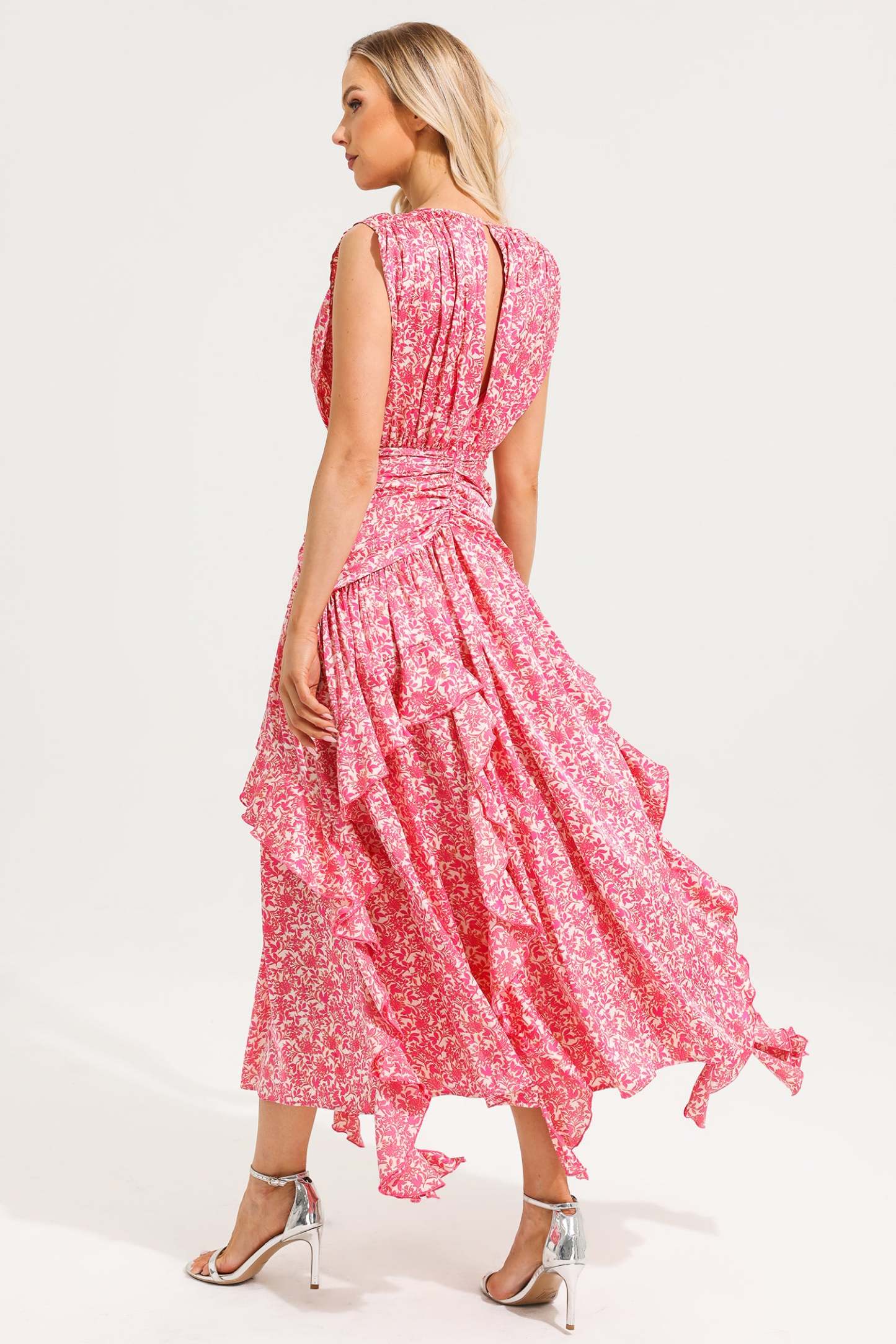 Round Neck Floral Frill Maxi Dress