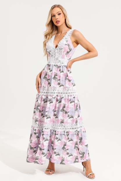 Floral Lace V-Neck Sleeveless Maxi Dress