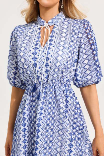 V-Neck Embroider Puff Sleeve Mini Dress