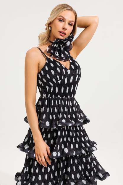 Polka Dot Ruffle Tiered Midi Dress With 3D Flower Choker