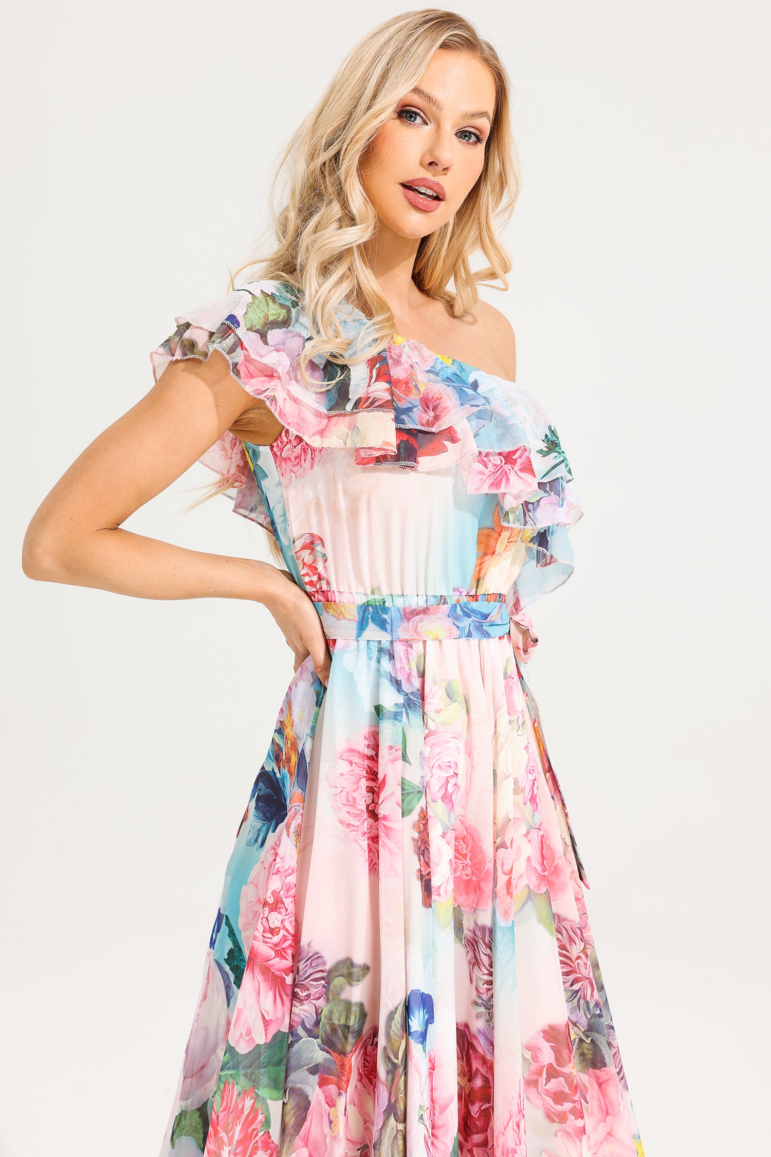 Floral One-Shoulder Ruffle Maxi Dress