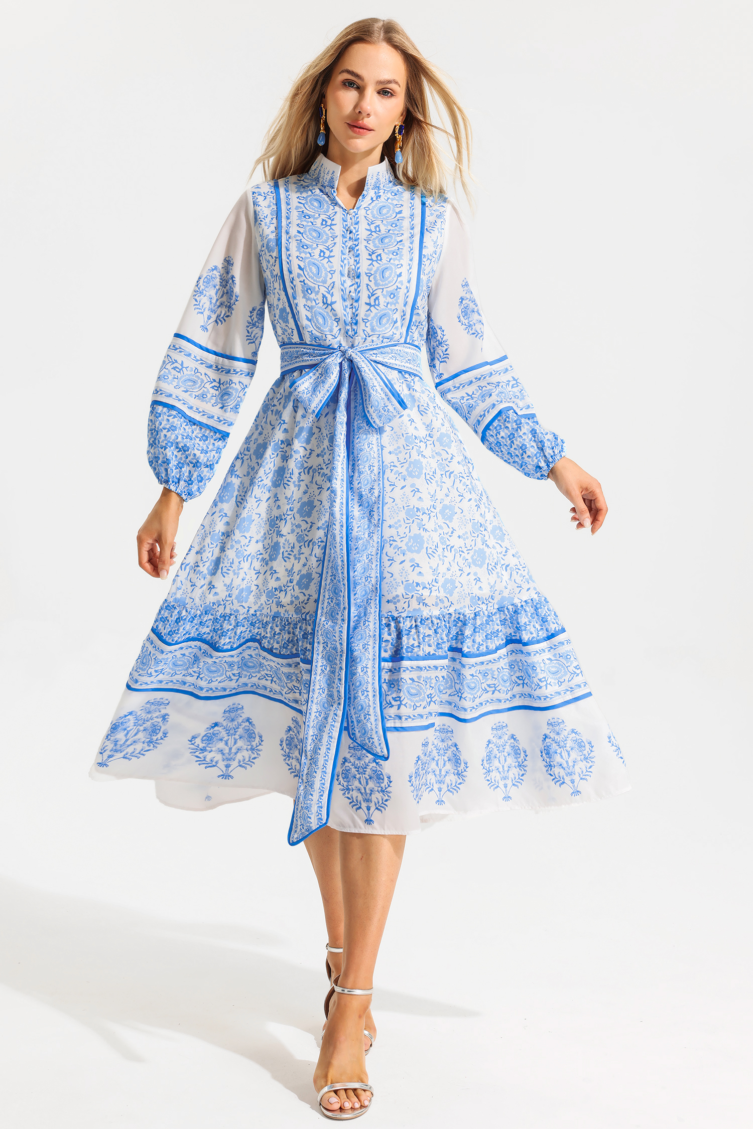 Paisley Single Breasted Stand Collar Midi Dress