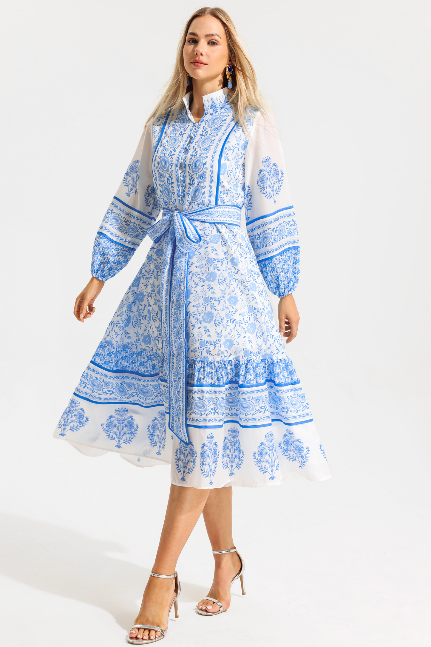 Paisley Single Breasted Stand Collar Midi Dress