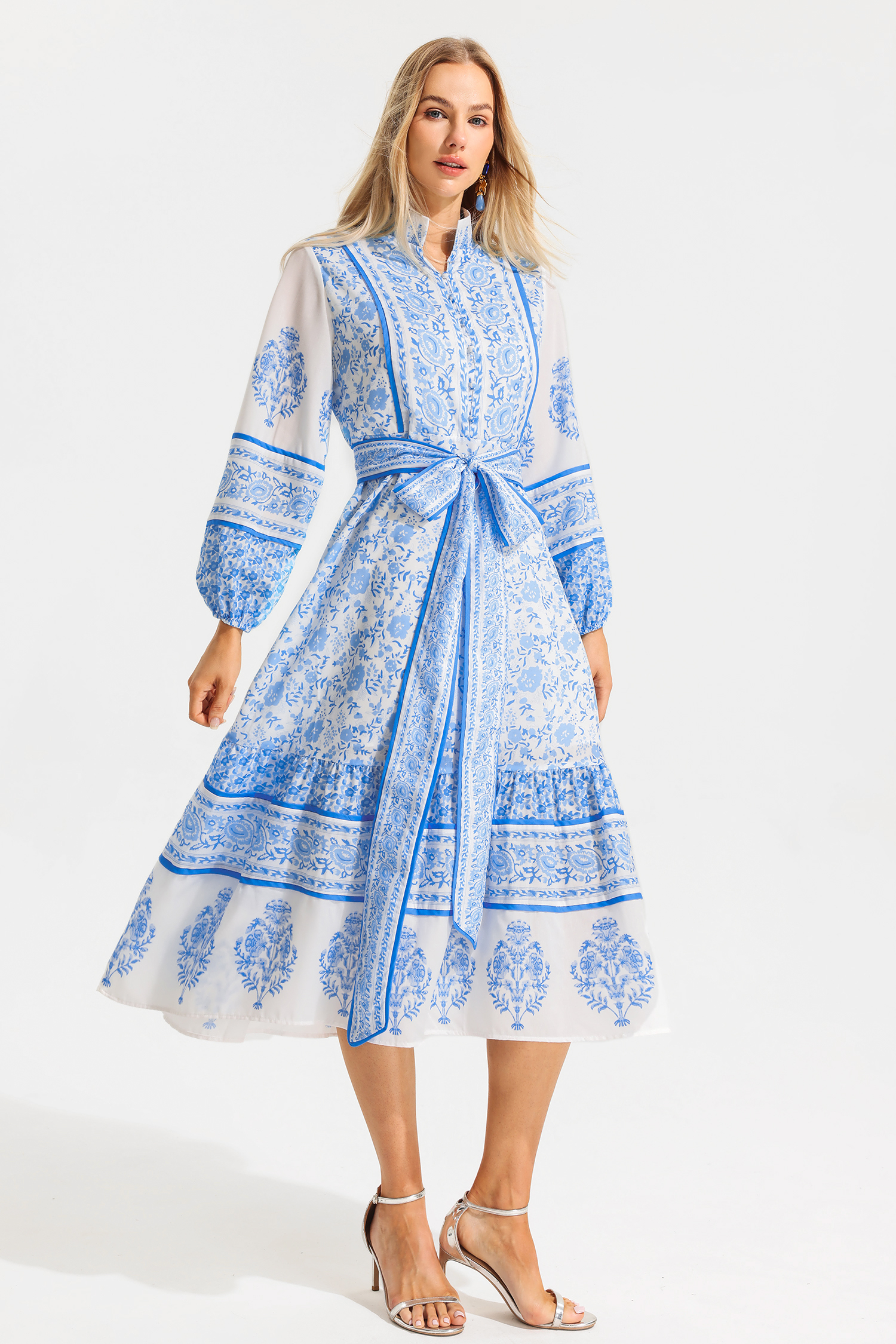 Paisley Single Breasted Stand Collar Midi Dress