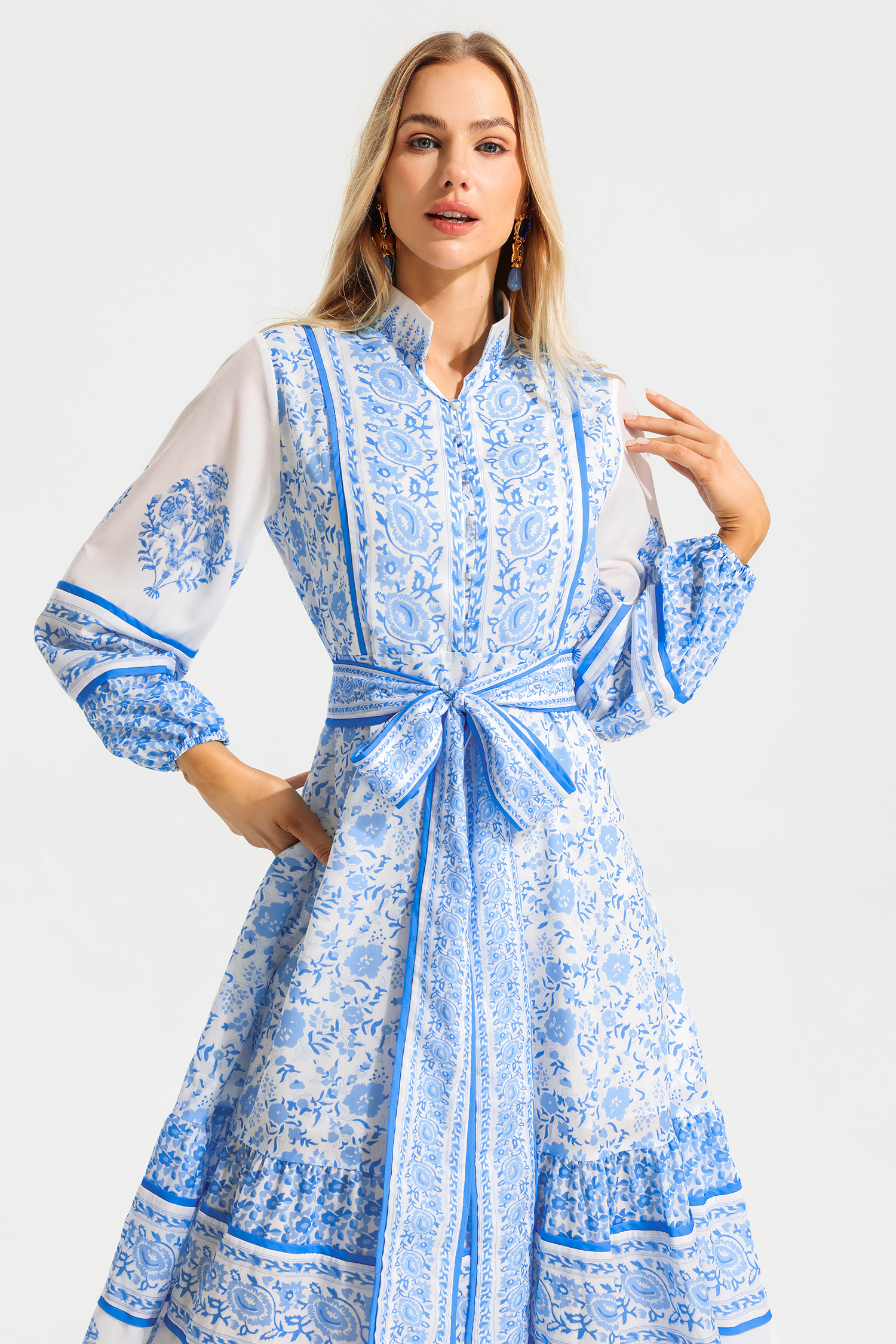 Paisley Single Breasted Stand Collar Midi Dress