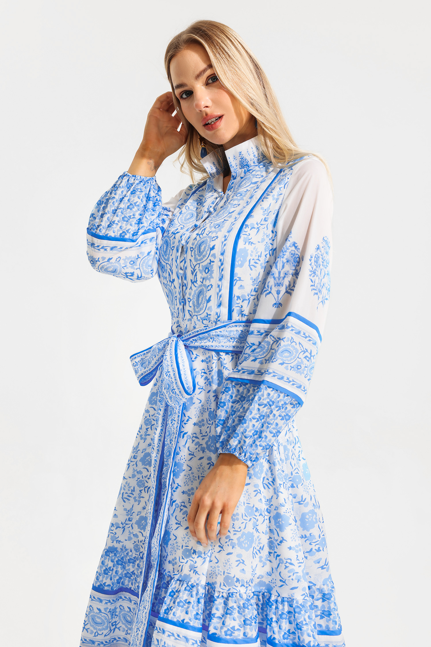 Paisley Single Breasted Stand Collar Midi Dress