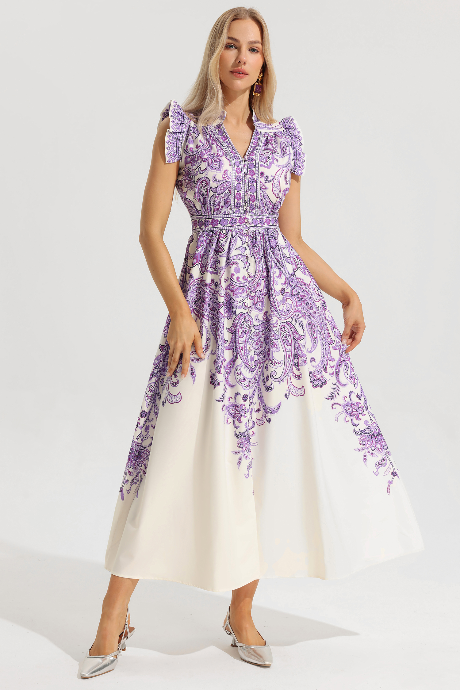 Floral Ruffle V-Neck Single Breasted Maxi Dress