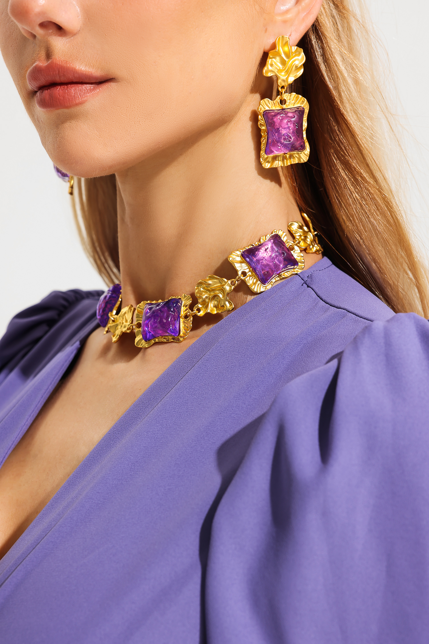 Square Dimentional Purple Acrylic in Gold Tone Earrings & Necklace