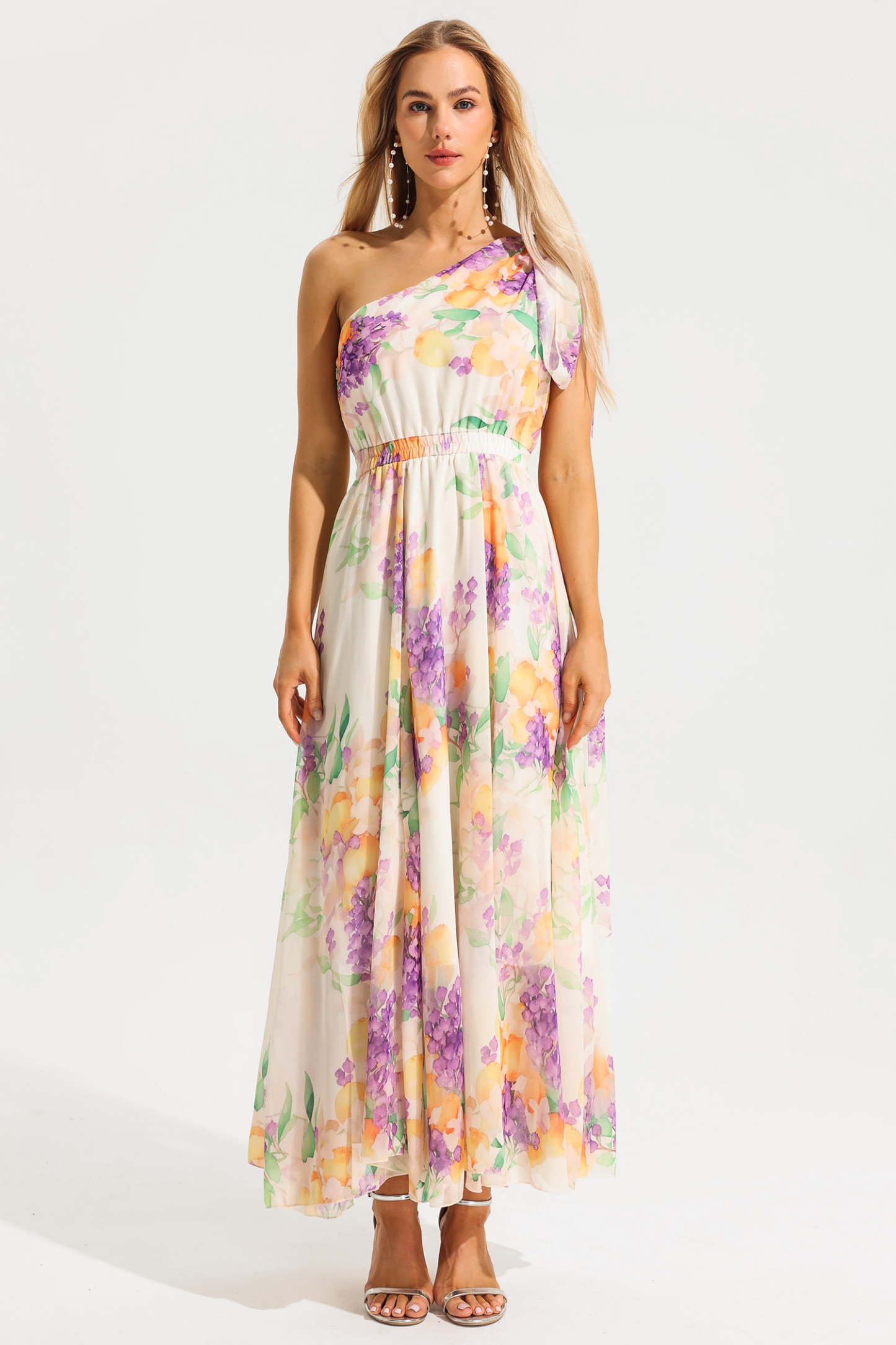 Floral One Shoulder Sleeveless Hight Waist Maxi Dress